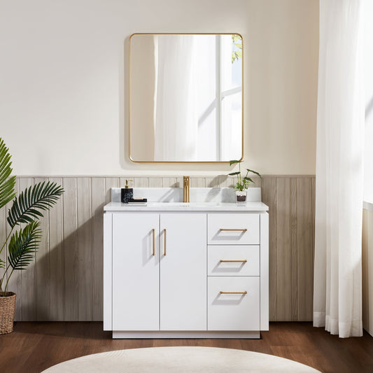 San 42" Free-standing Single Bath Vanity in White with White Grain Composite Stone Top