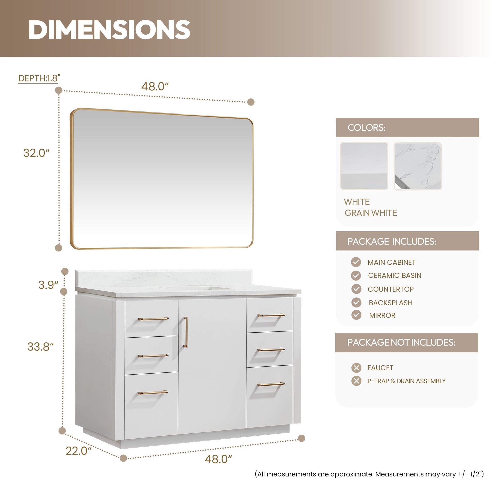 San 48" Free-standing Single Bath Vanity in White with White Grain Composite Stone Top