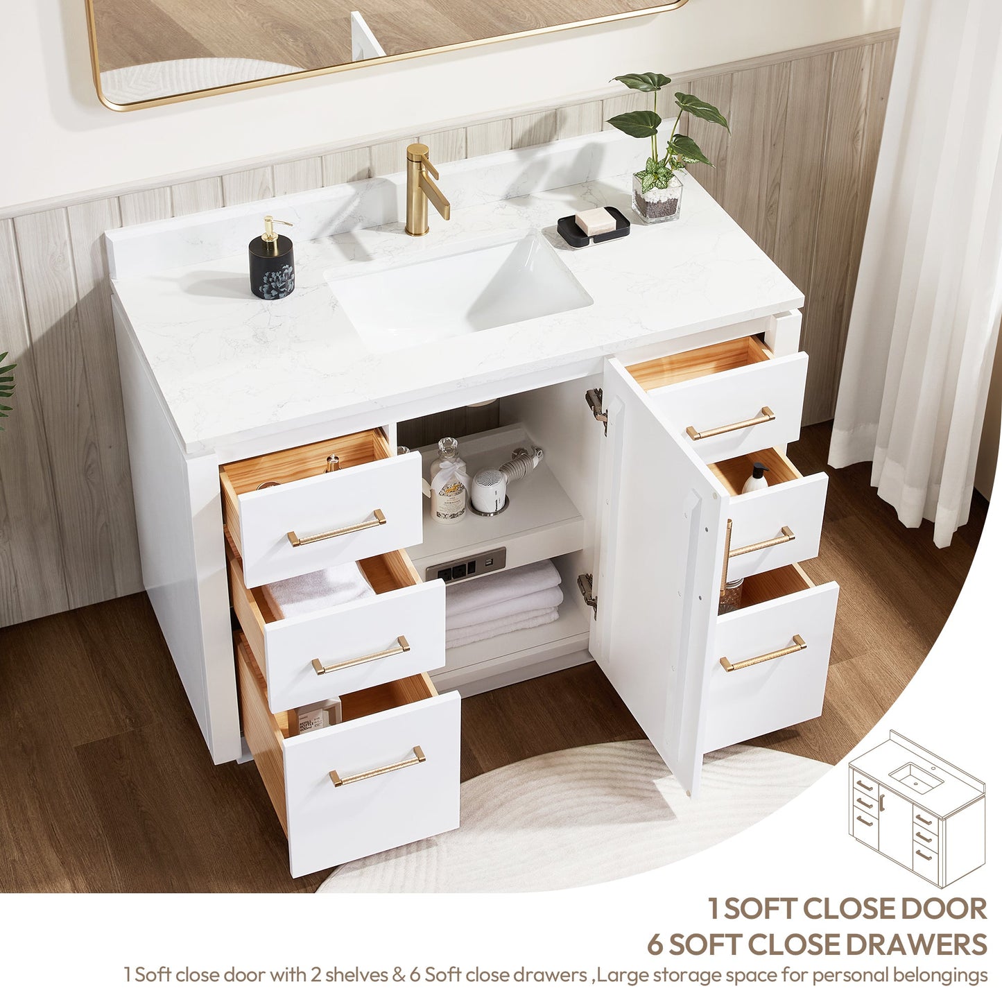 San 48" Free-standing Single Bath Vanity in White with White Grain Composite Stone Top