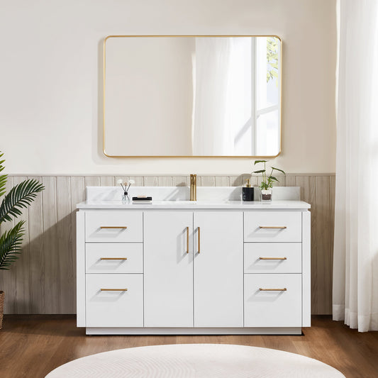 San 60" Free-standing Single Bath Vanity in White with White Grain Composite Stone Top