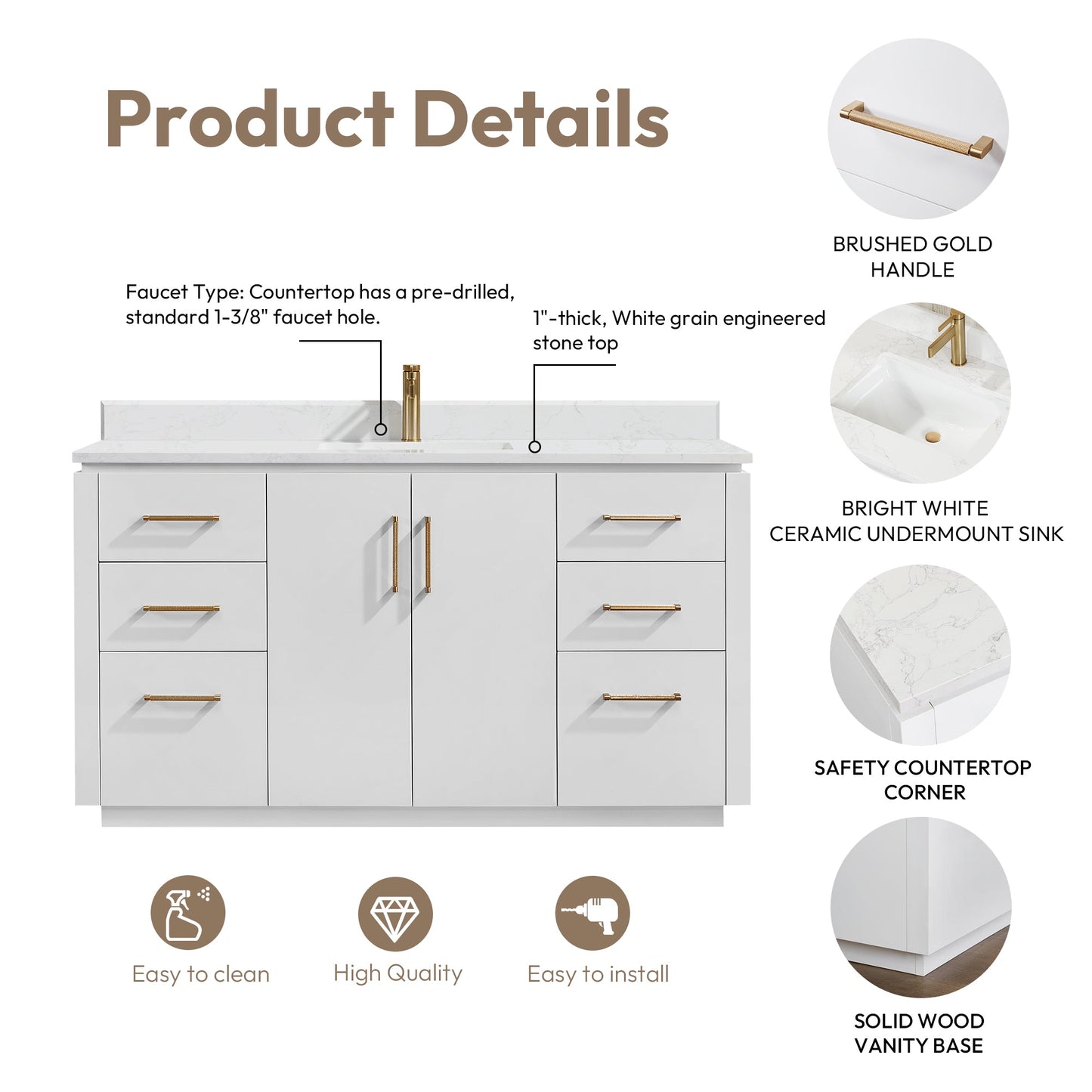 San 60" Free-standing Single Bath Vanity in White with White Grain Composite Stone Top