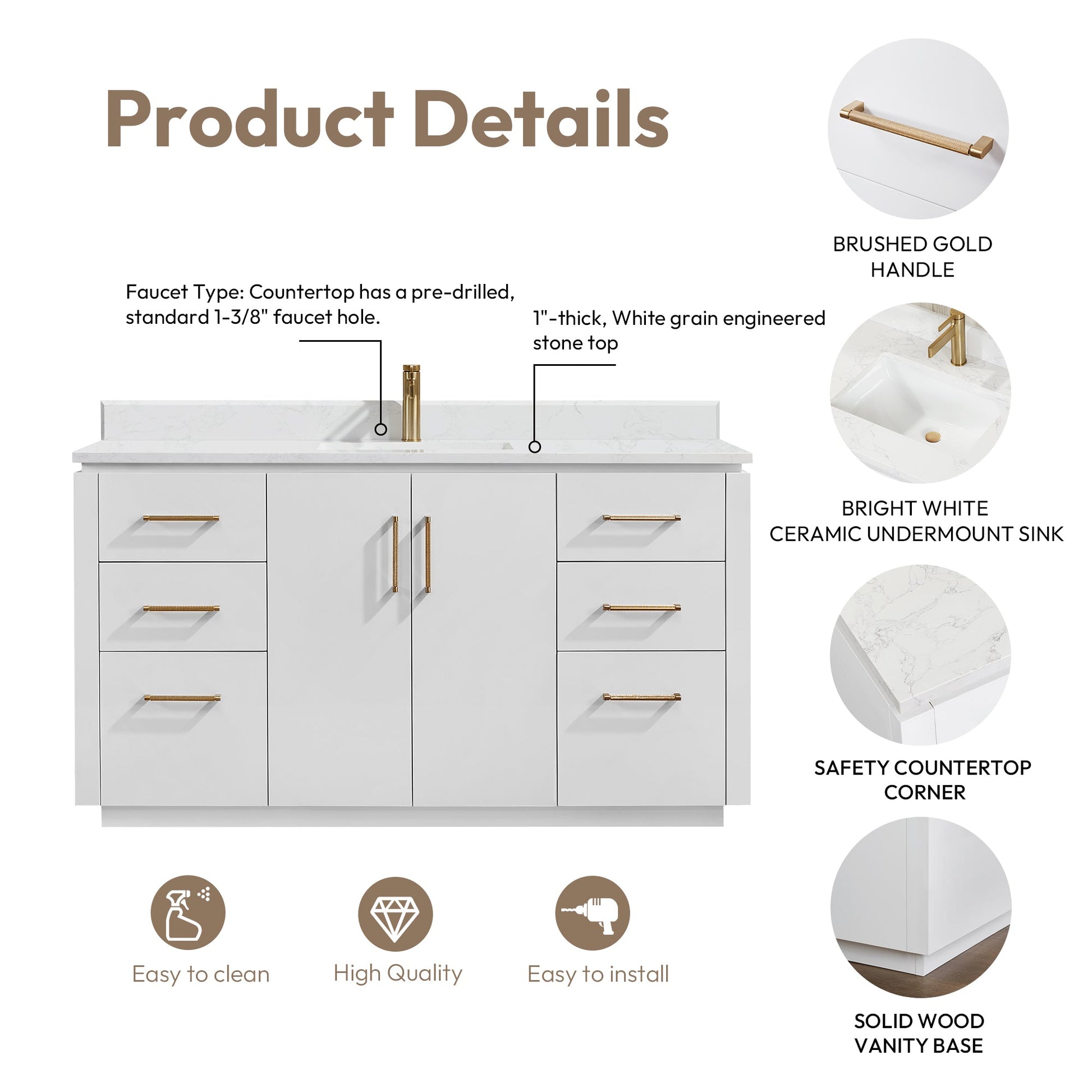 San 60" Free-standing Single Bath Vanity in White with White Grain Composite Stone Top