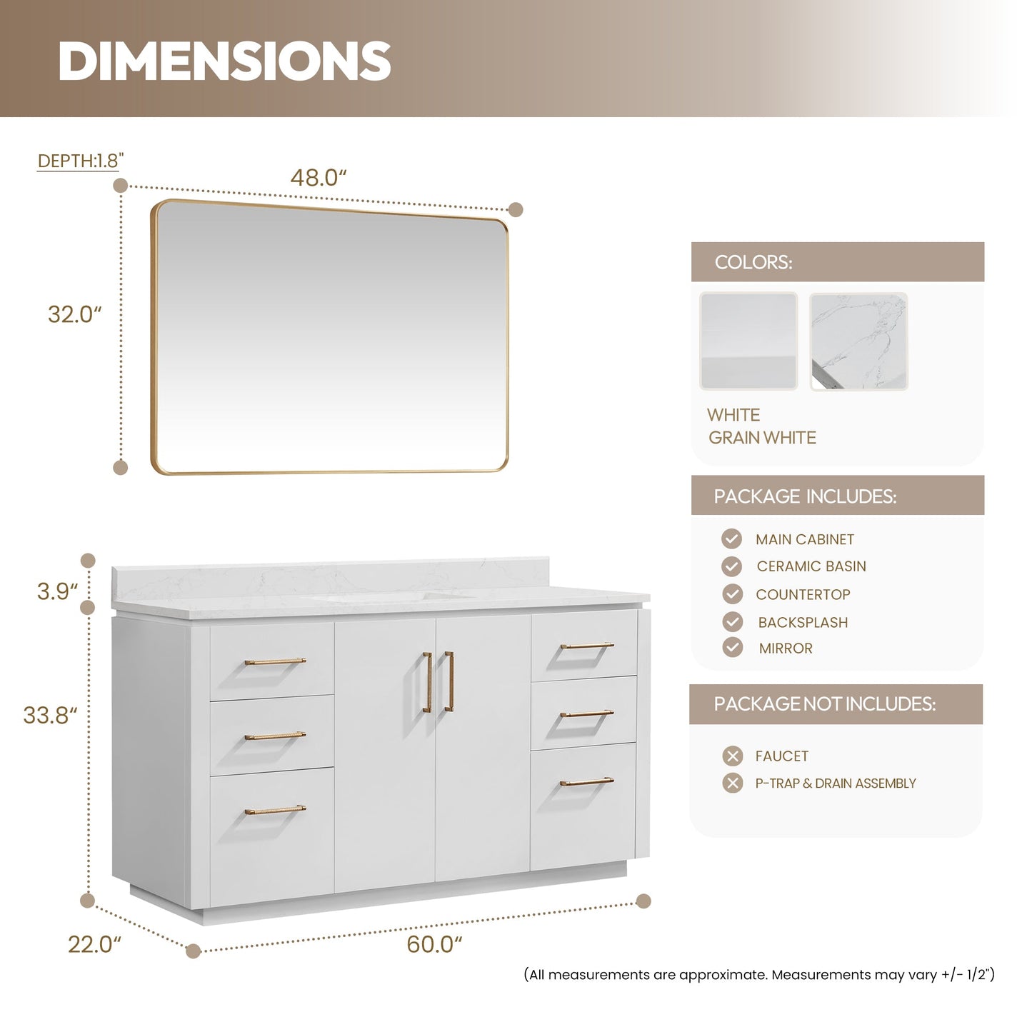 San 60" Free-standing Single Bath Vanity in White with White Grain Composite Stone Top