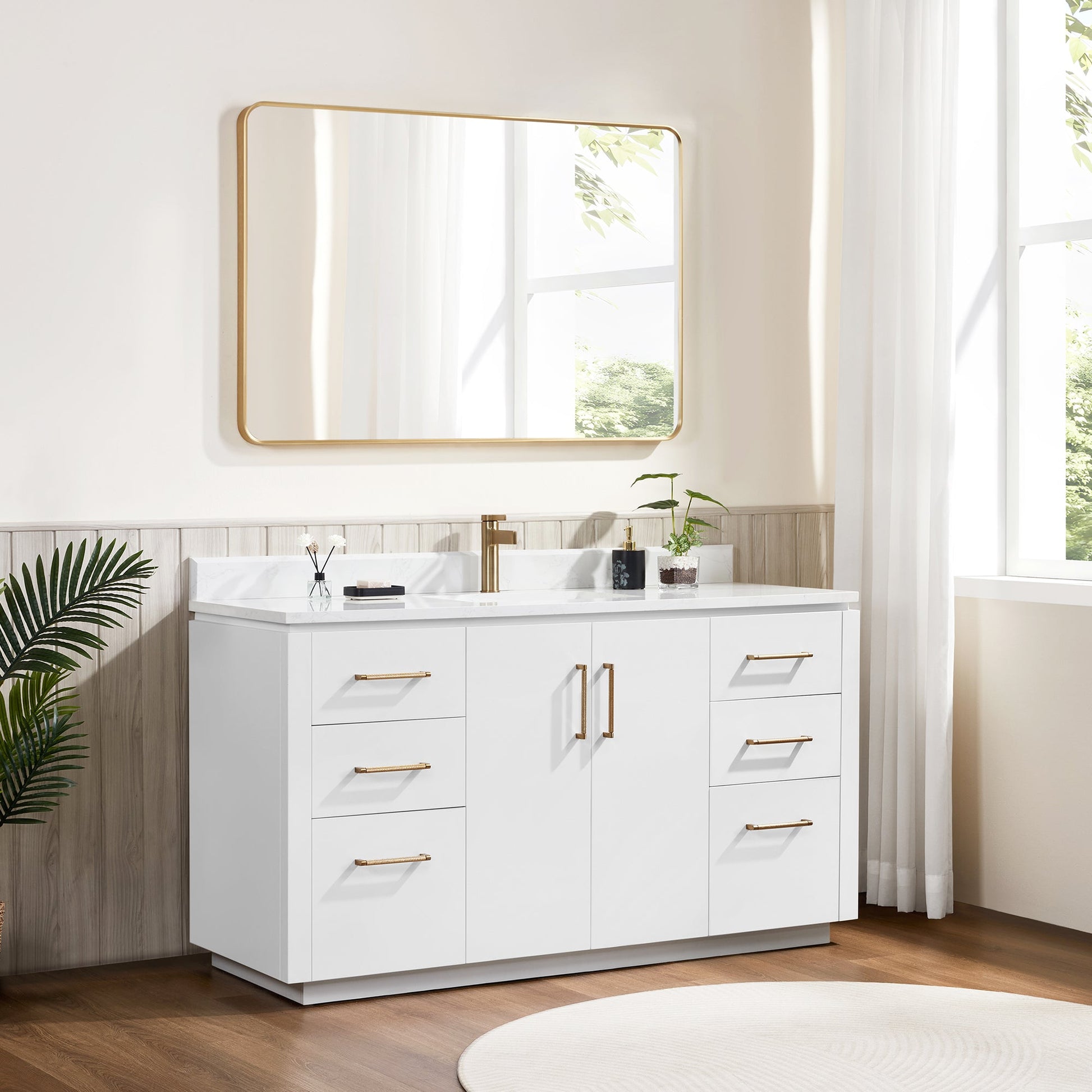 San 60" Free-standing Single Bath Vanity in White with White Grain Composite Stone Top