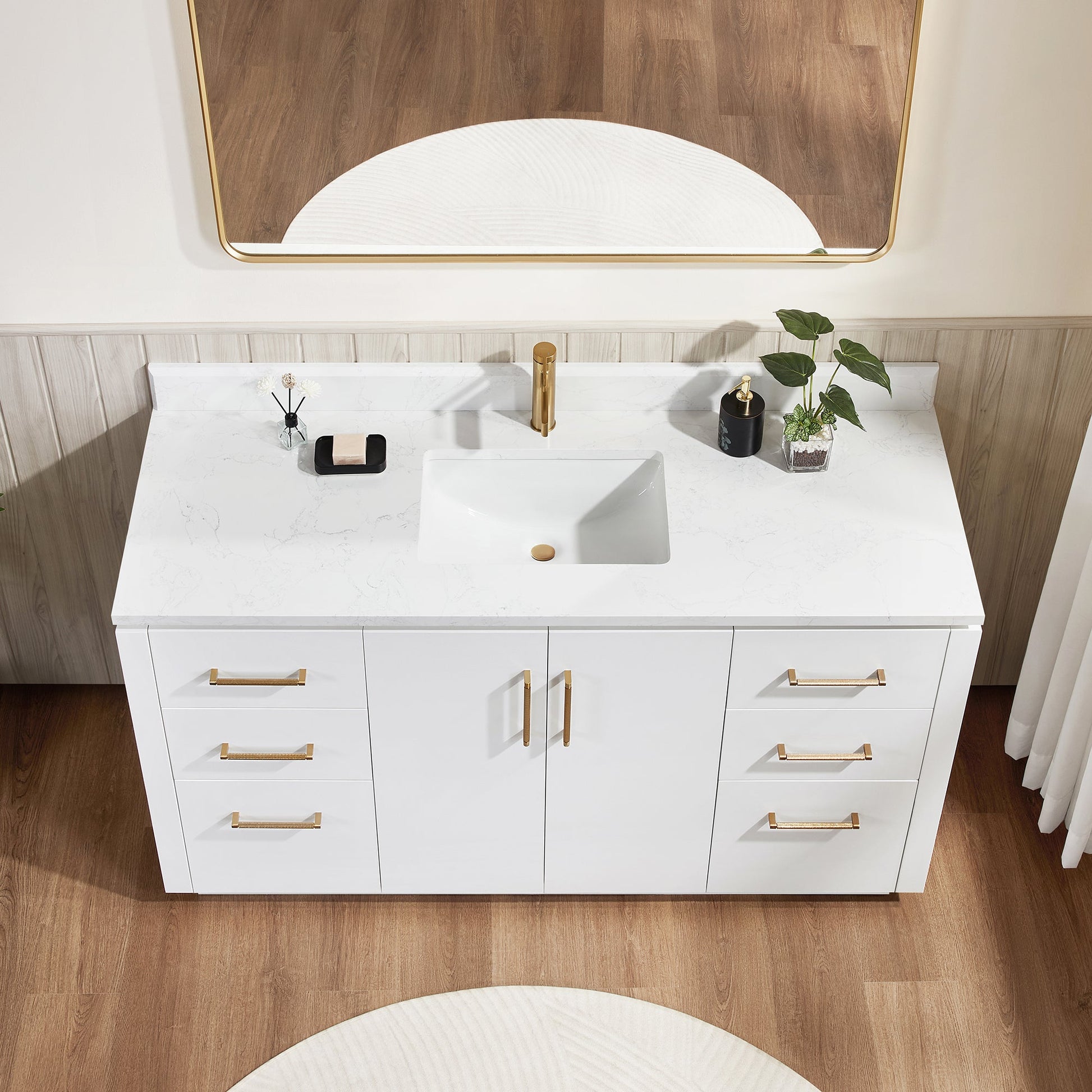 San 60" Free-standing Single Bath Vanity in White with White Grain Composite Stone Top