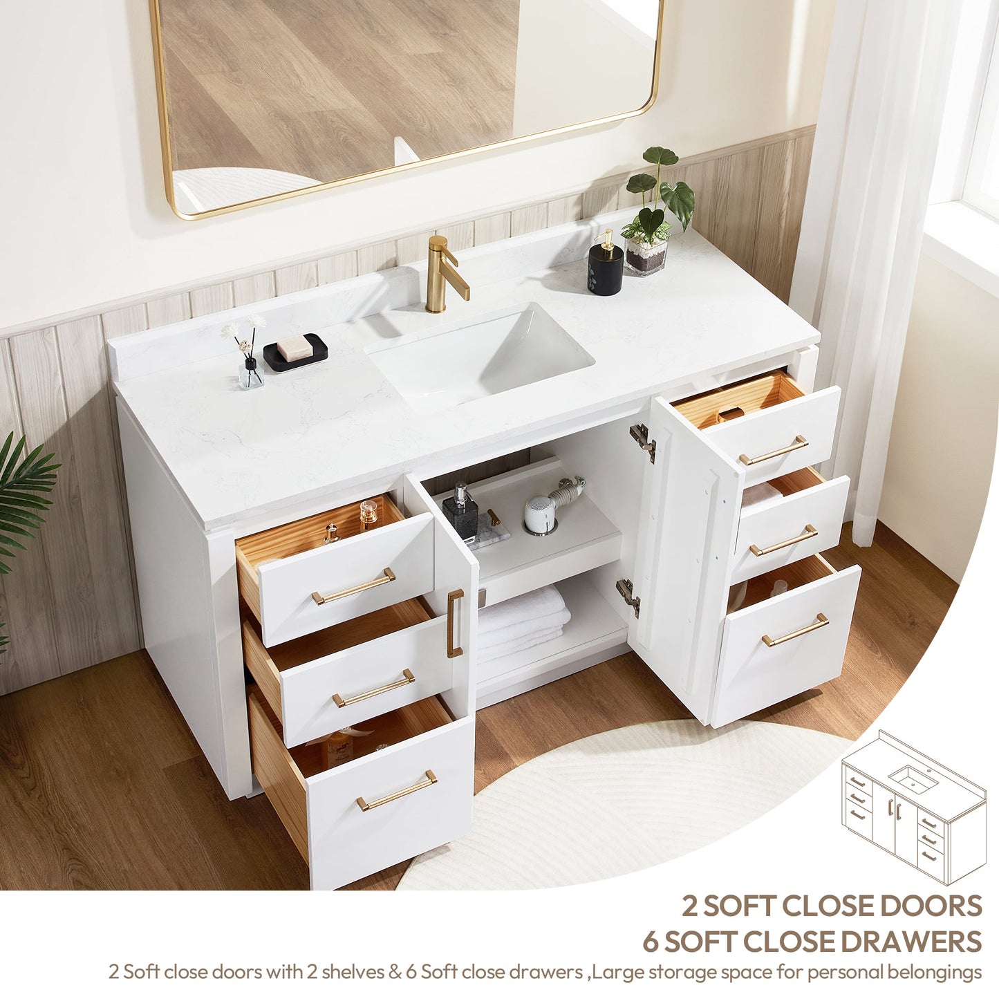 San 60" Free-standing Single Bath Vanity in White with White Grain Composite Stone Top