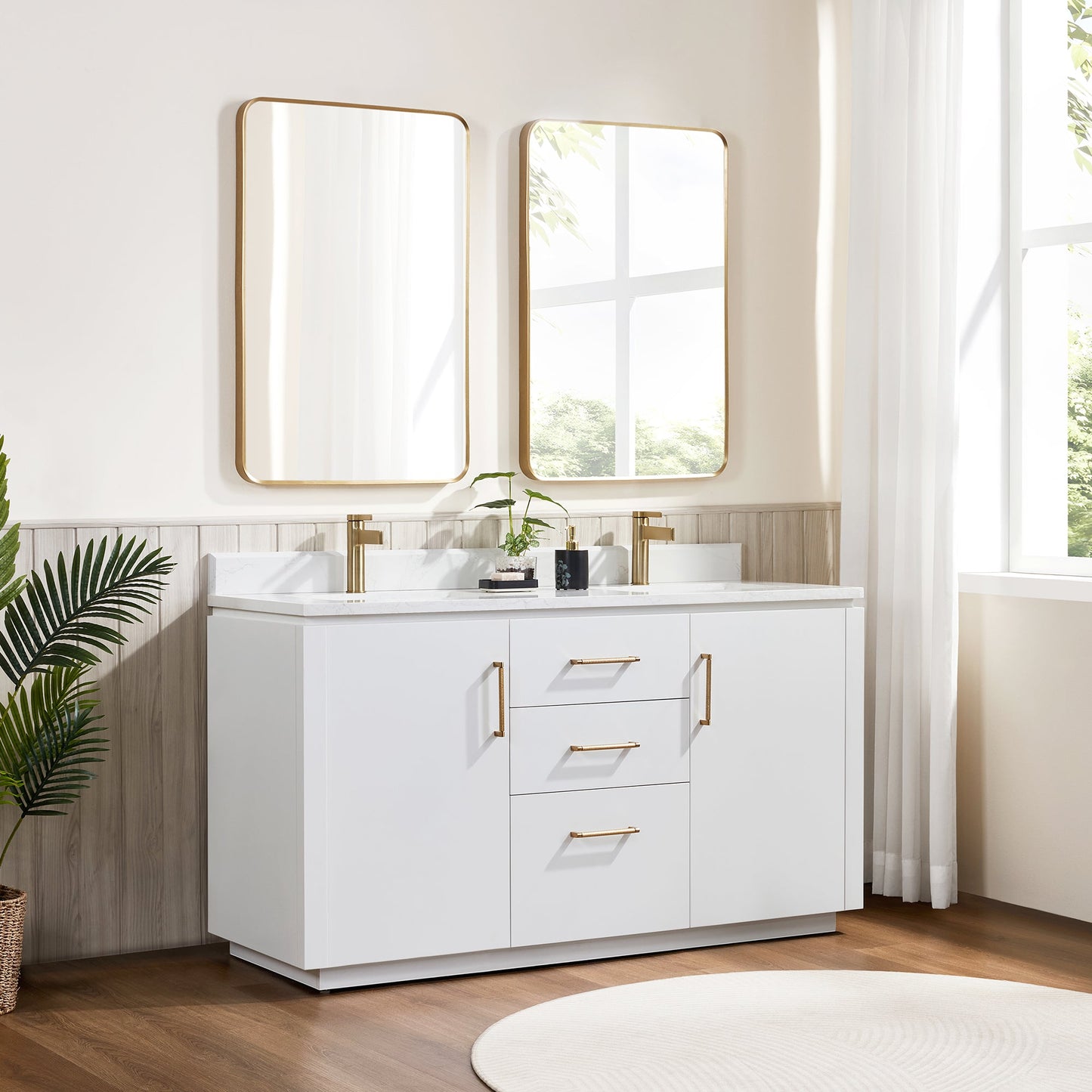 San 60M" Free-standing Double Bath Vanity in White with White Grain Composite Stone Top