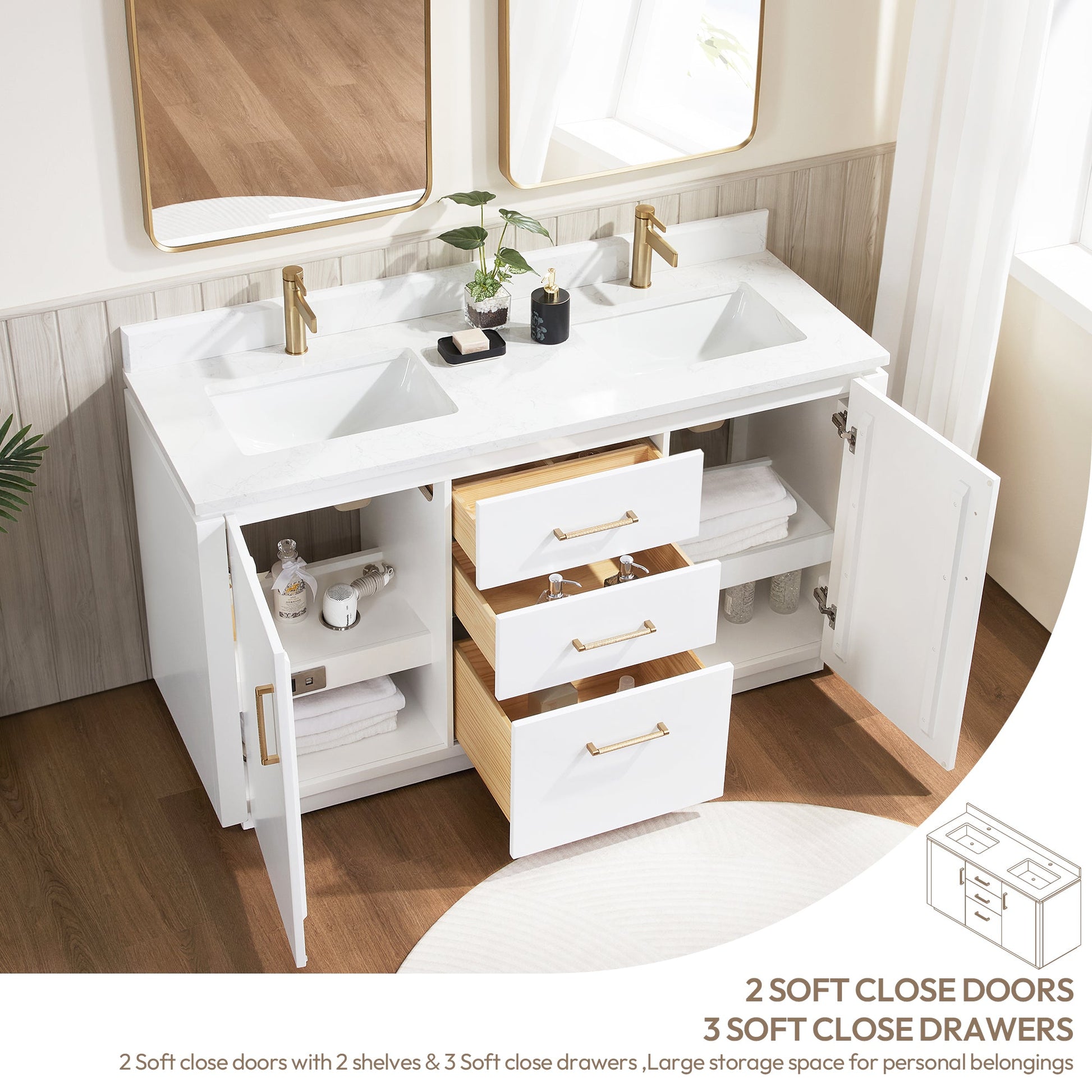 San 60M" Free-standing Double Bath Vanity in White with White Grain Composite Stone Top