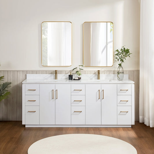 San 84" Free-standing Double Bath Vanity in White with White Grain Composite Stone Top