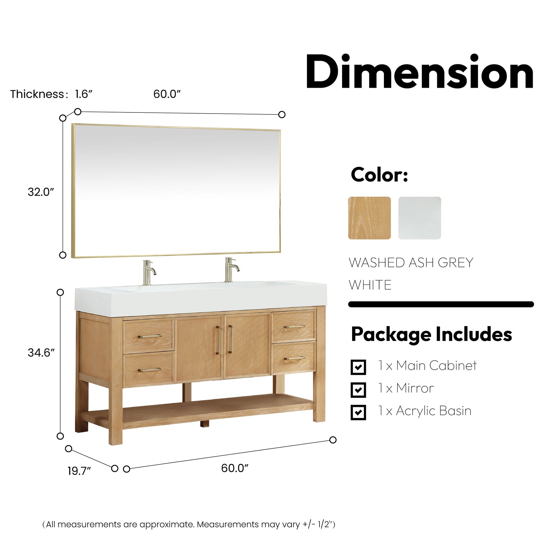 Vera 60" Free-standing Single Bath Vanity in Washed Ash Grey with White Integrated Stone Sink Top