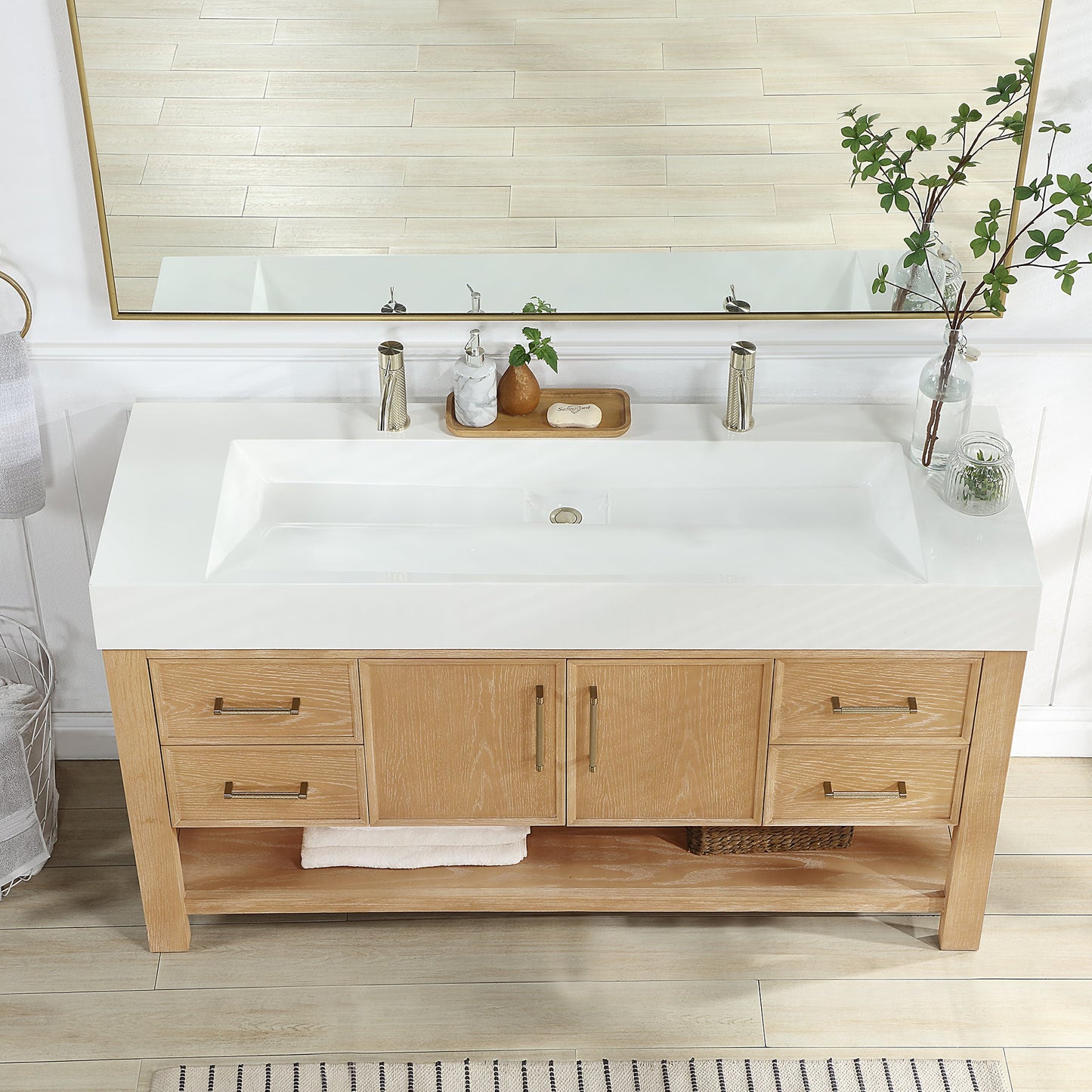 Vera 60" Free-standing Single Bath Vanity in Washed Ash Grey with White Integrated Stone Sink Top