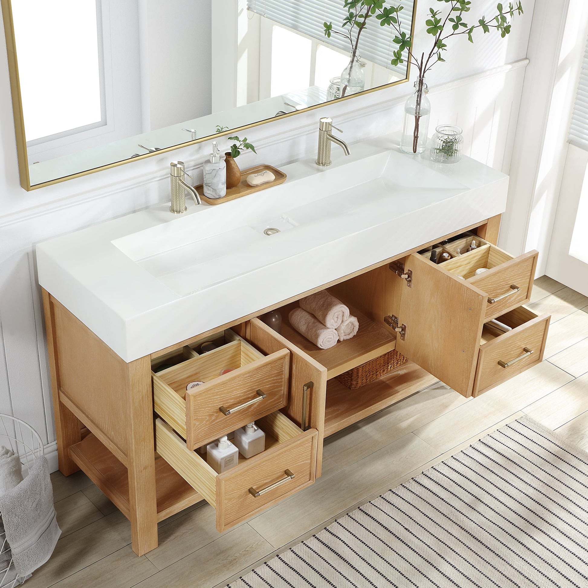 Vera 60" Free-standing Single Bath Vanity in Washed Ash Grey with White Integrated Stone Sink Top