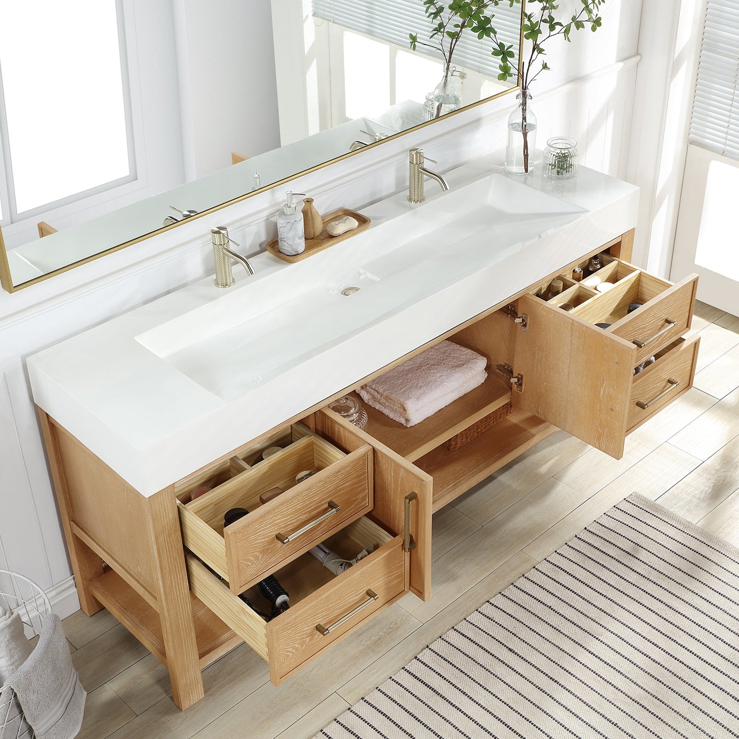 Vera 72" Free-standing Single Bath Vanity in Washed Ash Grey with White Integrated Stone Sink Top