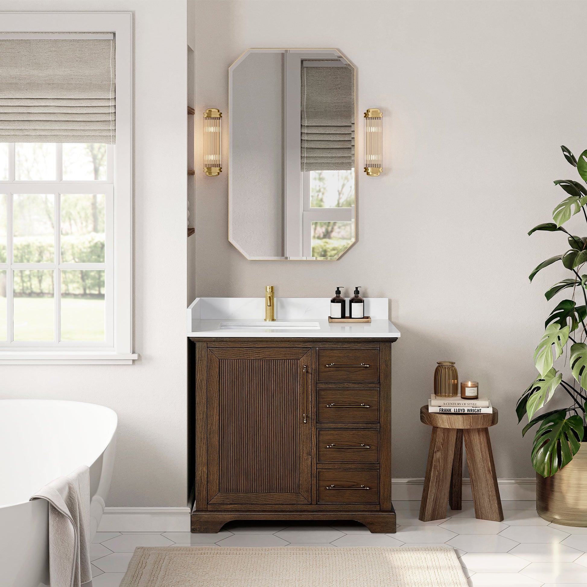 Tokyo 36" Freestanding Single Bath Vanity in Aged Dark Brown Oak with Silk White Quartz Stone Top