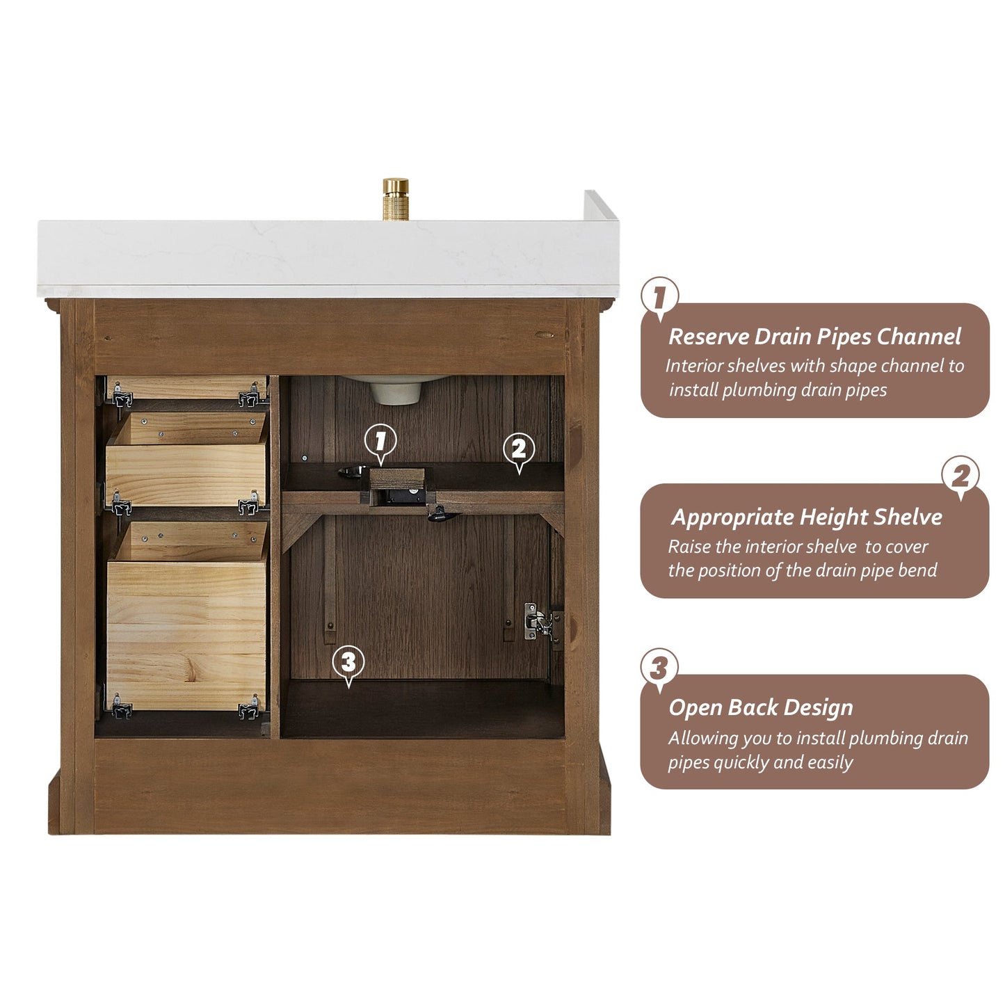 Tokyo 36" Freestanding Single Bath Vanity in Aged Dark Brown Oak with Silk White Quartz Stone Top