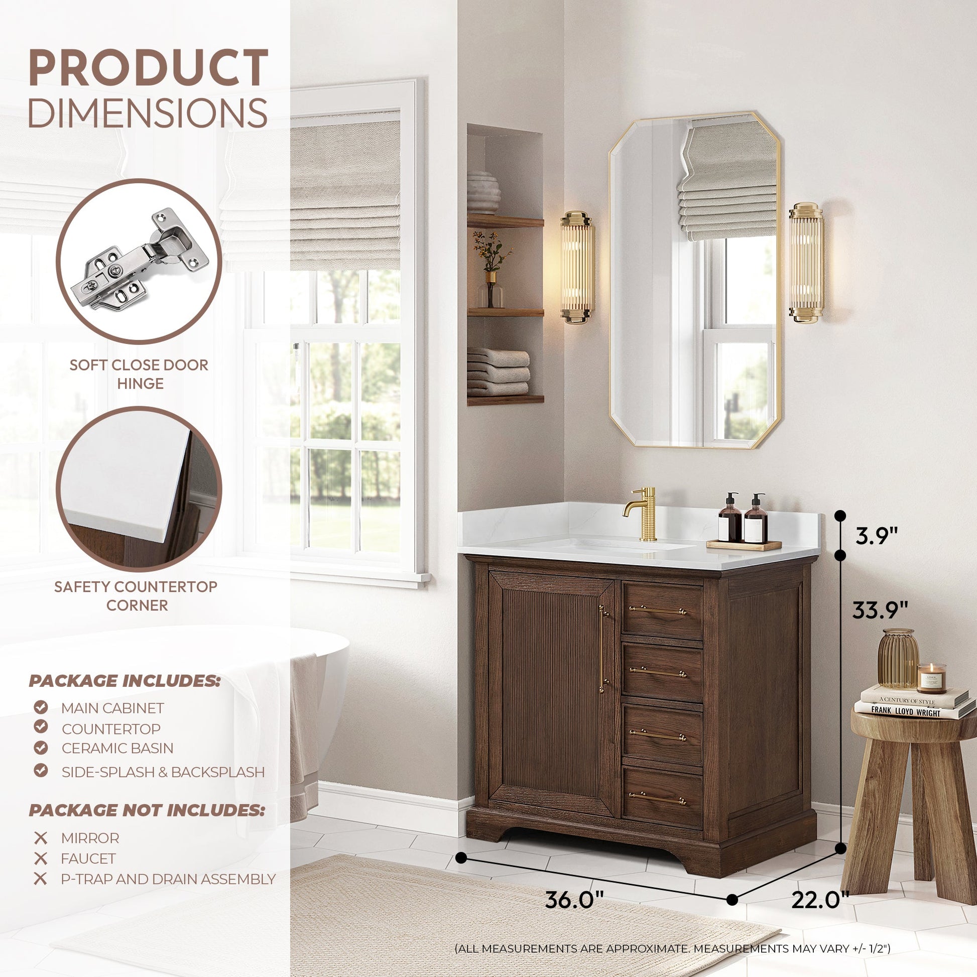 Tokyo 36" Freestanding Single Bath Vanity in Aged Dark Brown Oak with Silk White Quartz Stone Top