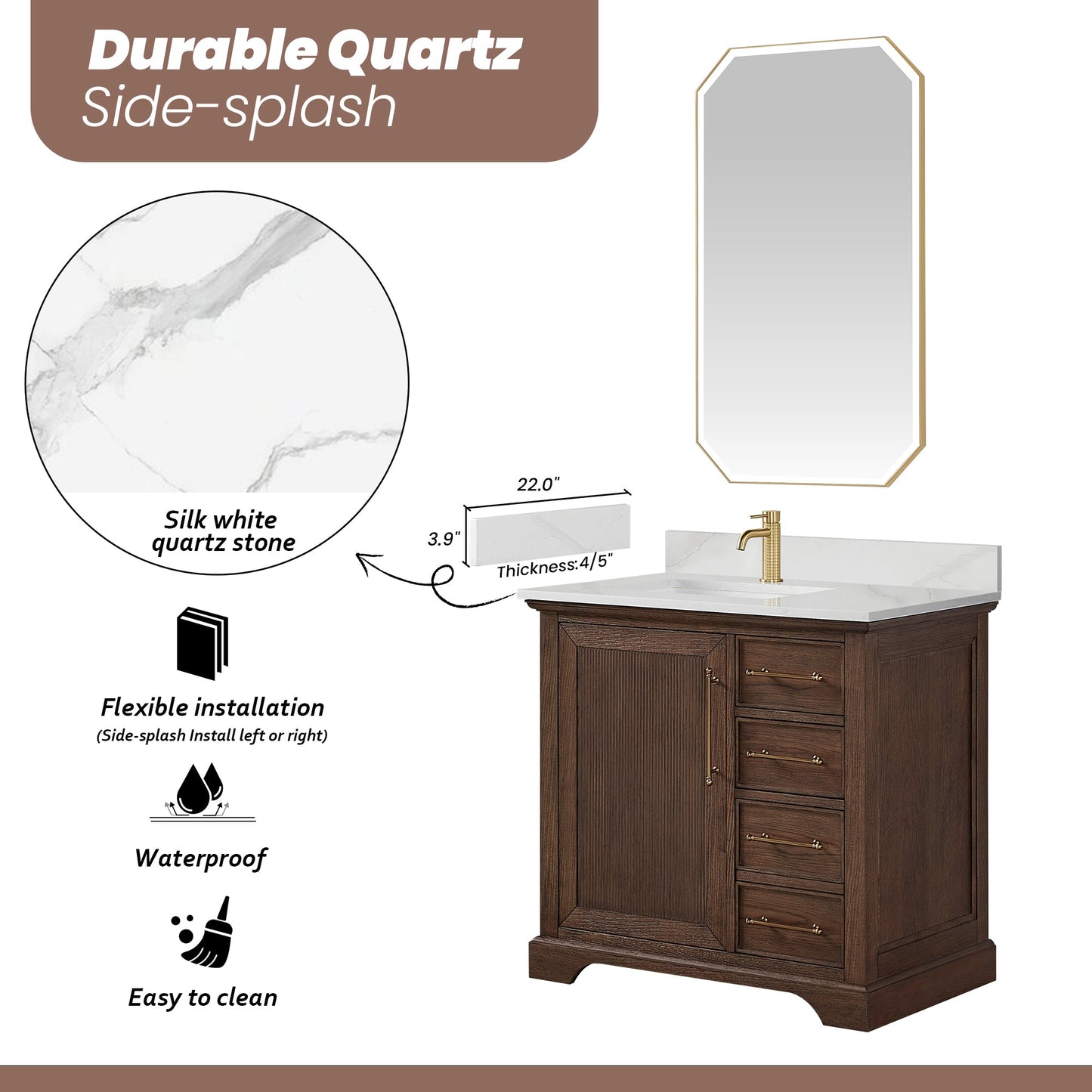 Tokyo 36" Freestanding Single Bath Vanity in Aged Dark Brown Oak with Silk White Quartz Stone Top