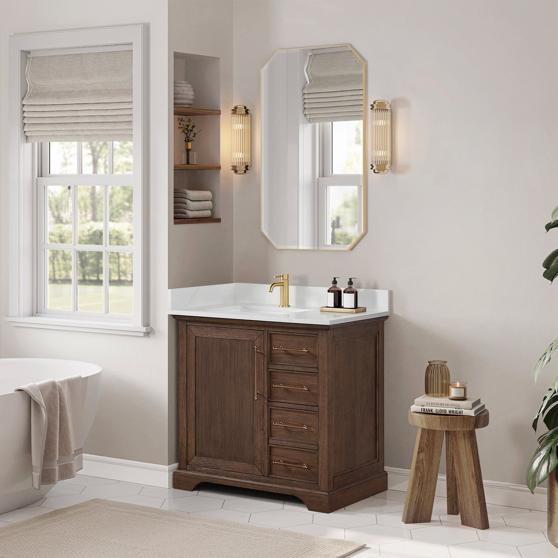 Tokyo 36" Freestanding Single Bath Vanity in Aged Dark Brown Oak with Silk White Quartz Stone Top