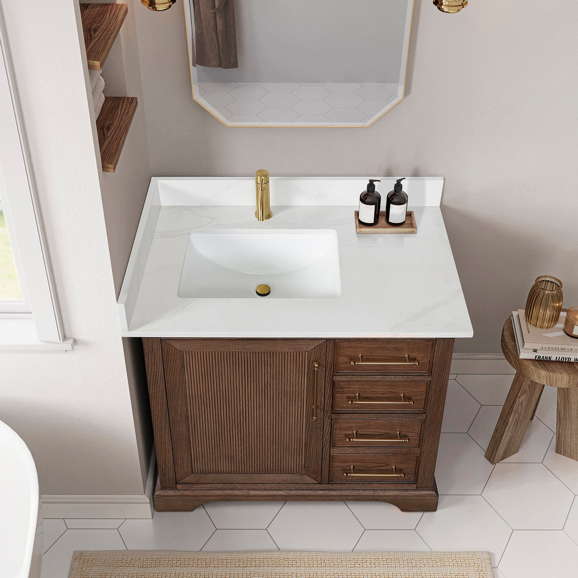 Tokyo 36" Freestanding Single Bath Vanity in Aged Dark Brown Oak with Silk White Quartz Stone Top