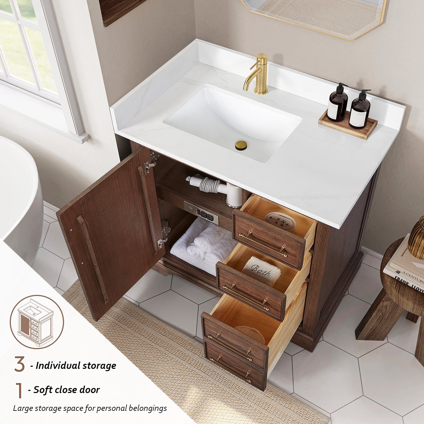 Tokyo 36" Freestanding Single Bath Vanity in Aged Dark Brown Oak with Silk White Quartz Stone Top