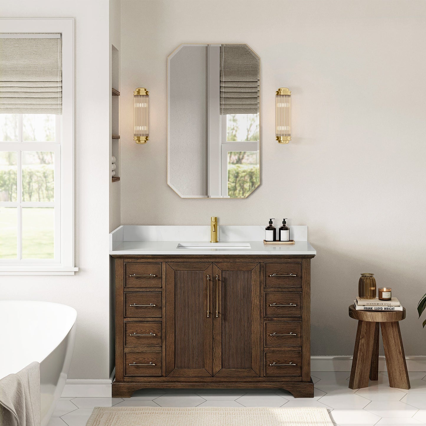 Tokyo 48" Freestanding Single Bath Vanity in Aged Dark Brown Oak with Silk White Quartz Stone Top