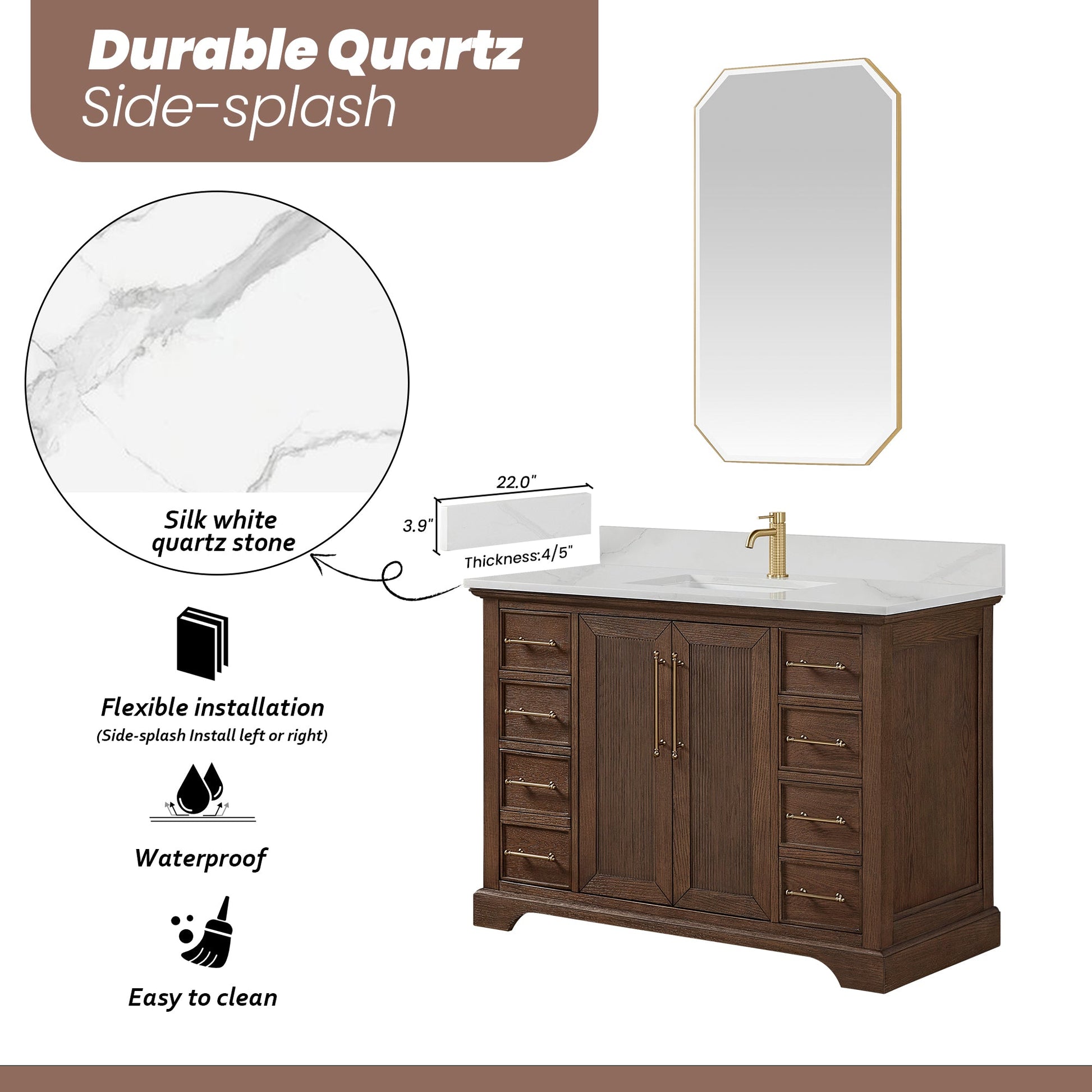 Tokyo 48" Freestanding Single Bath Vanity in Aged Dark Brown Oak with Silk White Quartz Stone Top