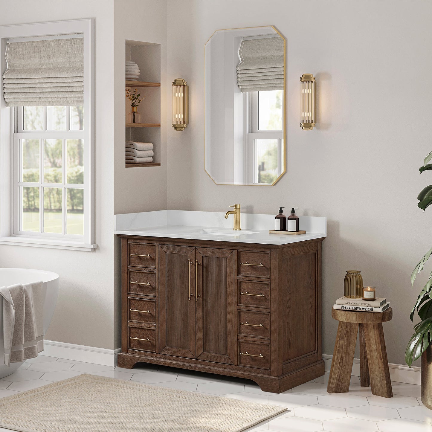 Tokyo 48" Freestanding Single Bath Vanity in Aged Dark Brown Oak with Silk White Quartz Stone Top