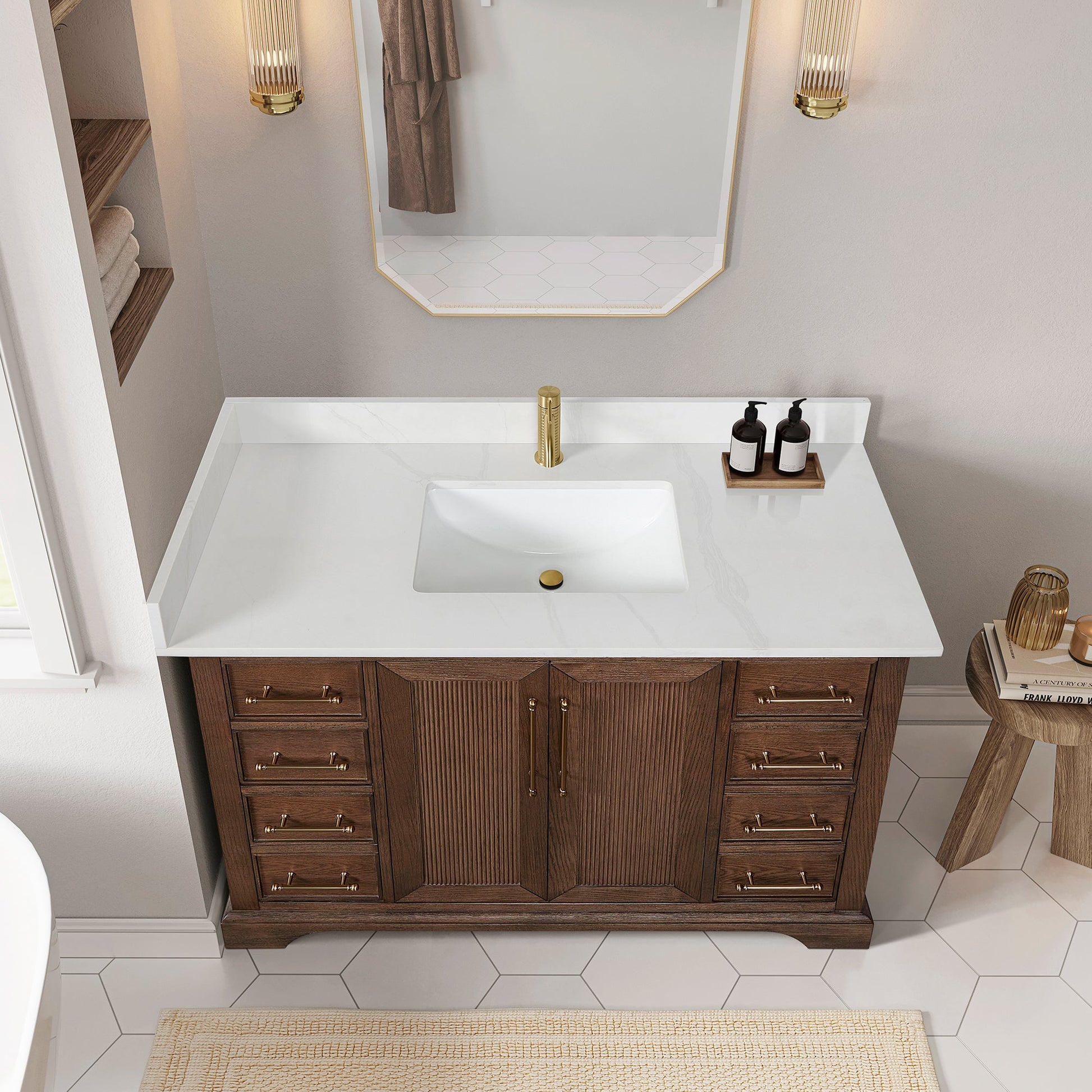 Tokyo 48" Freestanding Single Bath Vanity in Aged Dark Brown Oak with Silk White Quartz Stone Top