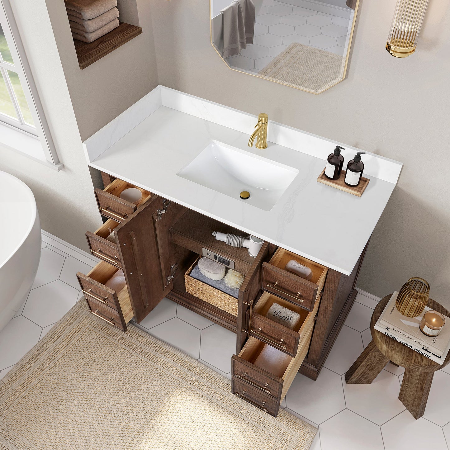 Tokyo 48" Freestanding Single Bath Vanity in Aged Dark Brown Oak with Silk White Quartz Stone Top