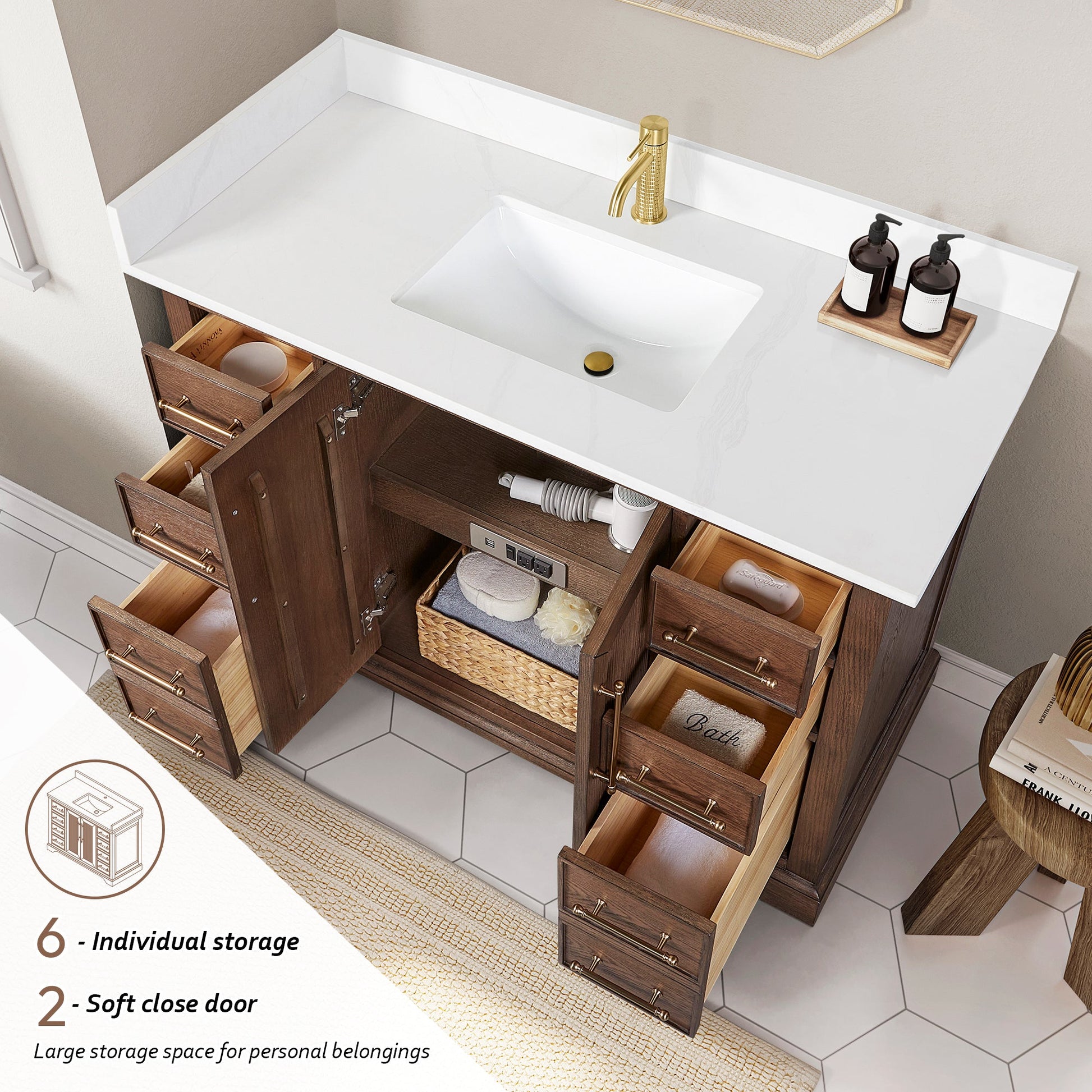 Tokyo 48" Freestanding Single Bath Vanity in Aged Dark Brown Oak with Silk White Quartz Stone Top