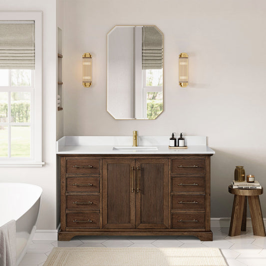 Tokyo 60" Freestanding Single Bath Vanity in Aged Dark Brown Oak with Silk White Quartz Stone Top