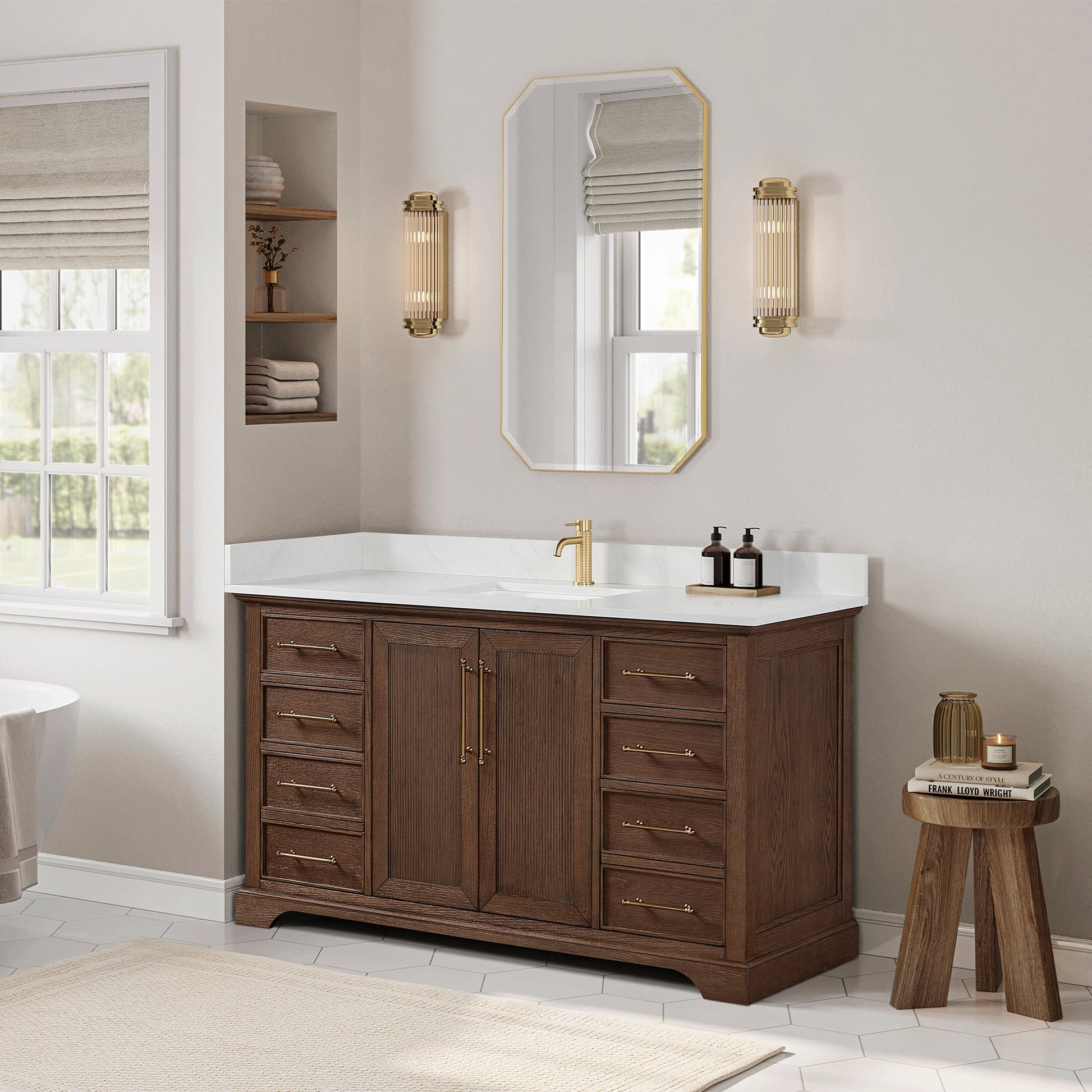 Tokyo 60" Freestanding Single Bath Vanity in Aged Dark Brown Oak with Silk White Quartz Stone Top