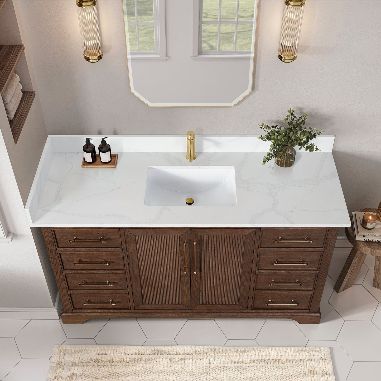 Tokyo 60" Freestanding Single Bath Vanity in Aged Dark Brown Oak with Silk White Quartz Stone Top