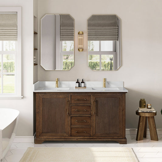 Tokyo 60M" Freestanding Double Bath Vanity in Aged Dark Brown Oak with Silk White Quartz Stone Top