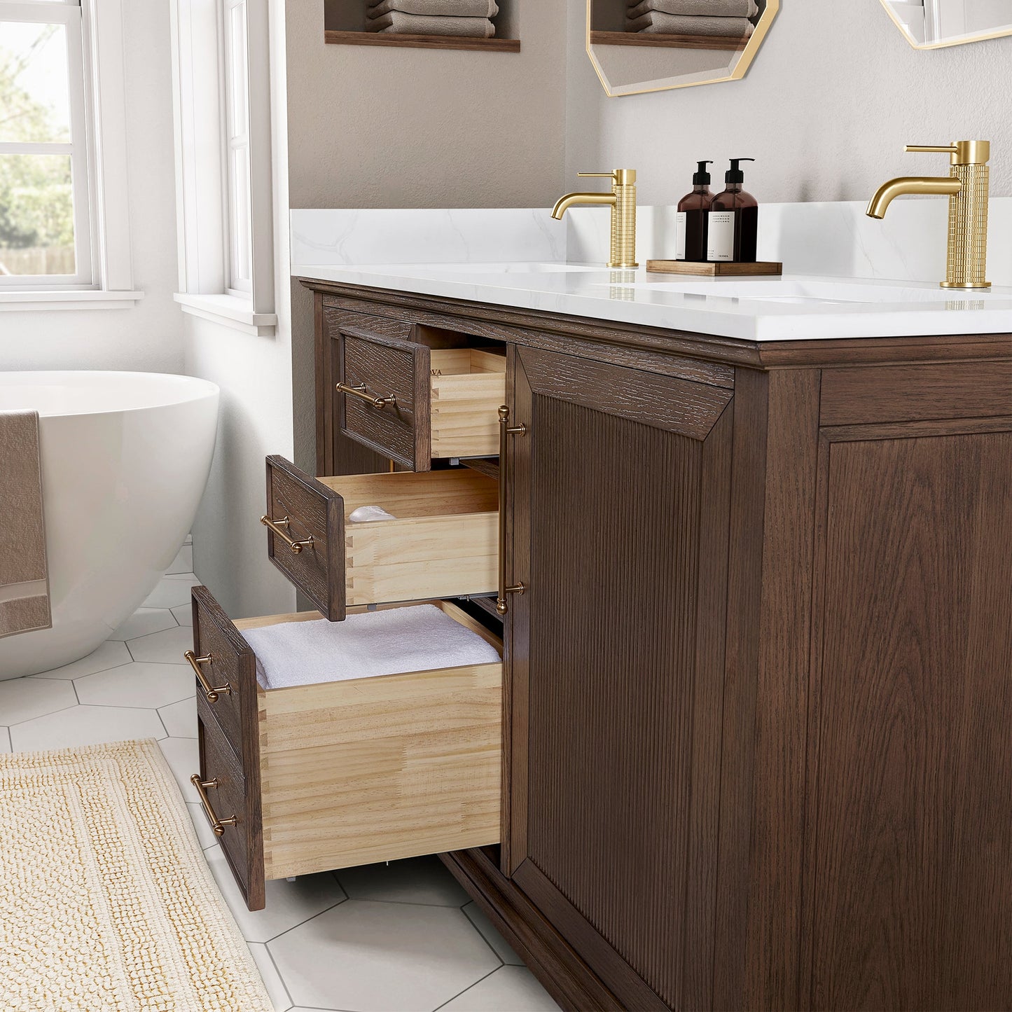 Tokyo 60M" Freestanding Double Bath Vanity in Aged Dark Brown Oak with Silk White Quartz Stone Top