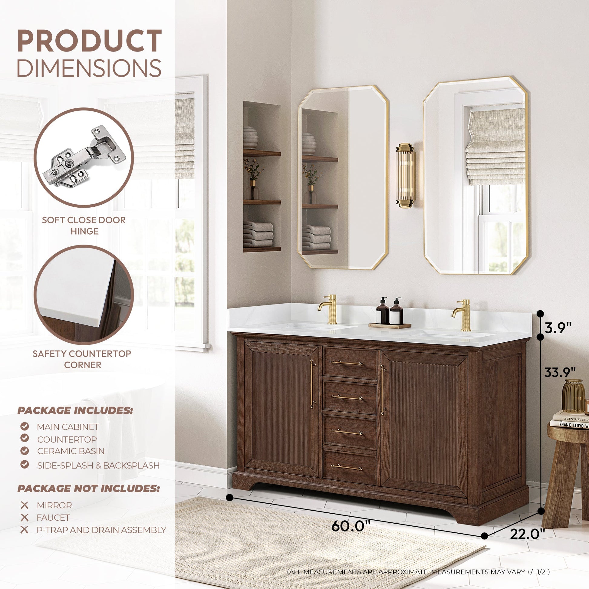 Tokyo 60M" Freestanding Double Bath Vanity in Aged Dark Brown Oak with Silk White Quartz Stone Top