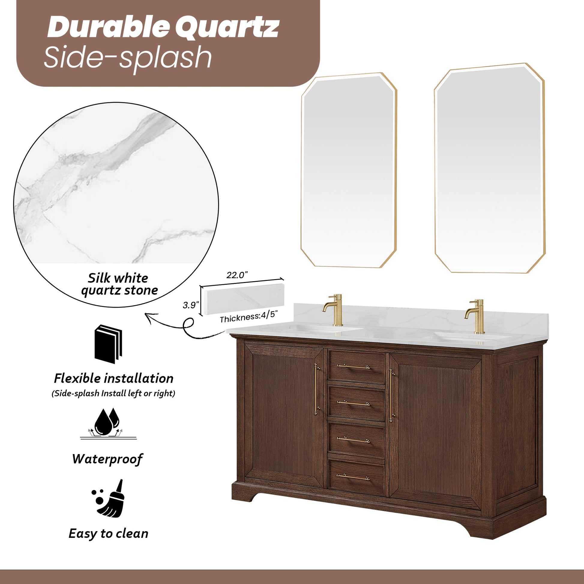 Tokyo 60M" Freestanding Double Bath Vanity in Aged Dark Brown Oak with Silk White Quartz Stone Top
