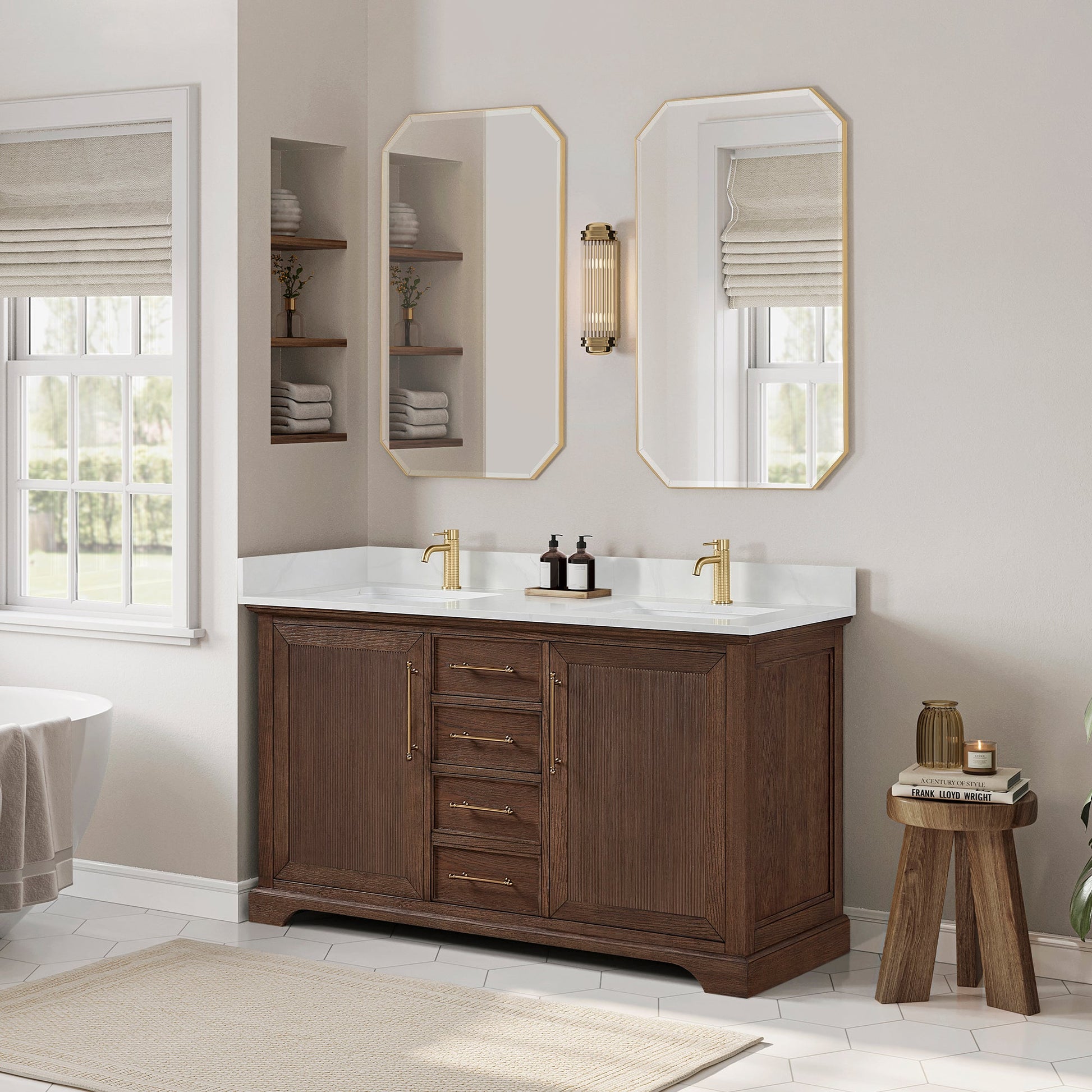 Tokyo 60M" Freestanding Double Bath Vanity in Aged Dark Brown Oak with Silk White Quartz Stone Top