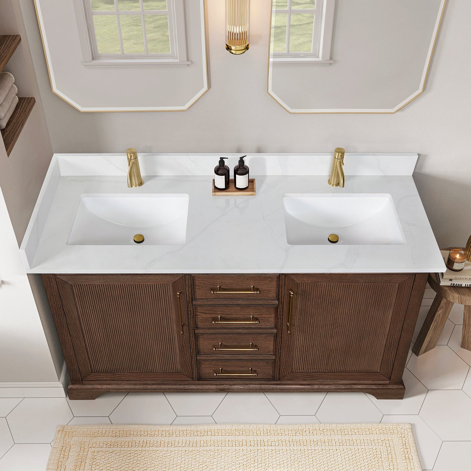 Tokyo 60M" Freestanding Double Bath Vanity in Aged Dark Brown Oak with Silk White Quartz Stone Top
