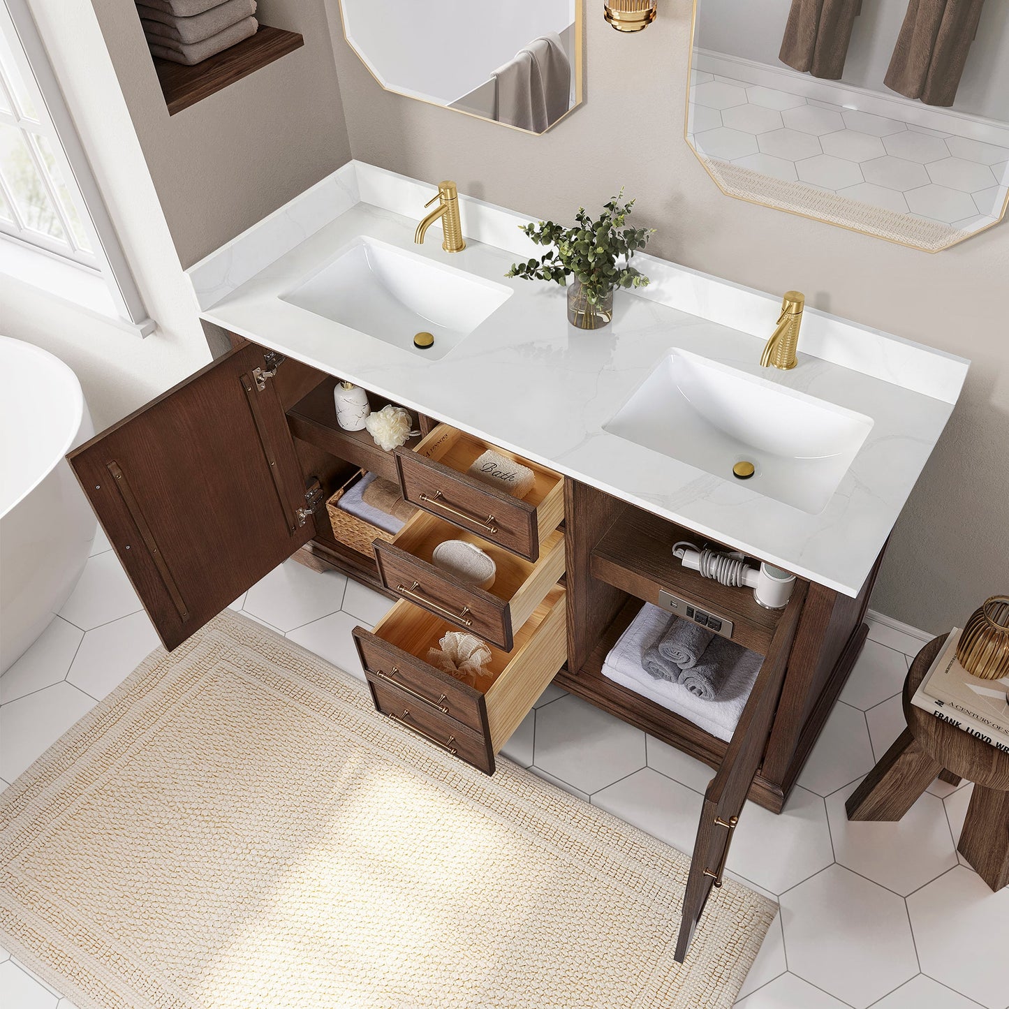 Tokyo 60M" Freestanding Double Bath Vanity in Aged Dark Brown Oak with Silk White Quartz Stone Top