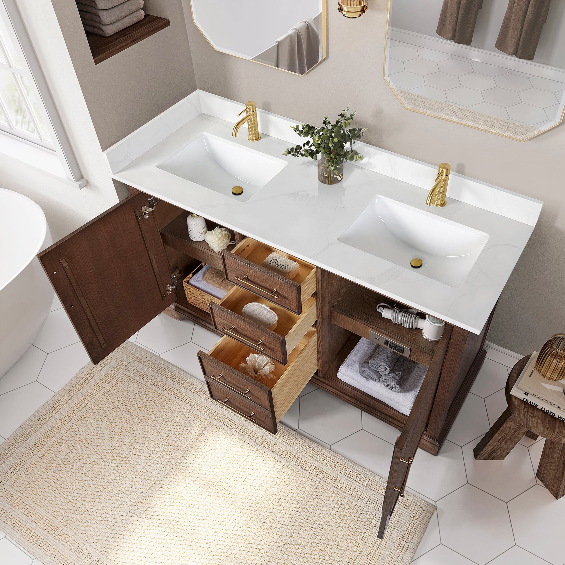 Tokyo 60M" Freestanding Double Bath Vanity in Aged Dark Brown Oak with Silk White Quartz Stone Top