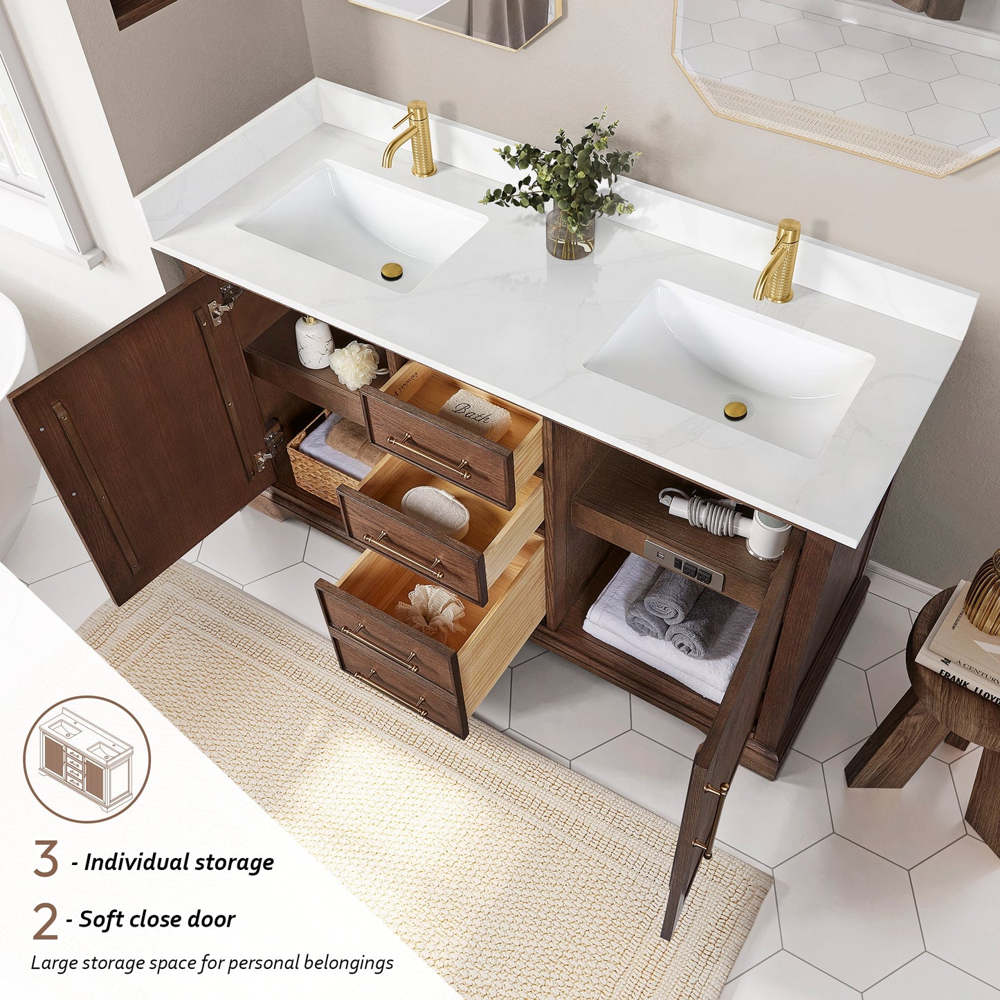 Tokyo 60M" Freestanding Double Bath Vanity in Aged Dark Brown Oak with Silk White Quartz Stone Top