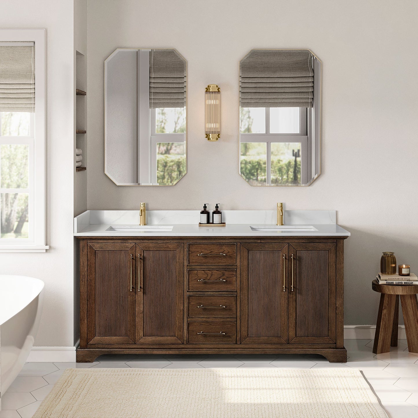 Tokyo 72" Freestanding Double Bath Vanity in Aged Dark Brown Oak with Silk White Quartz Stone Top
