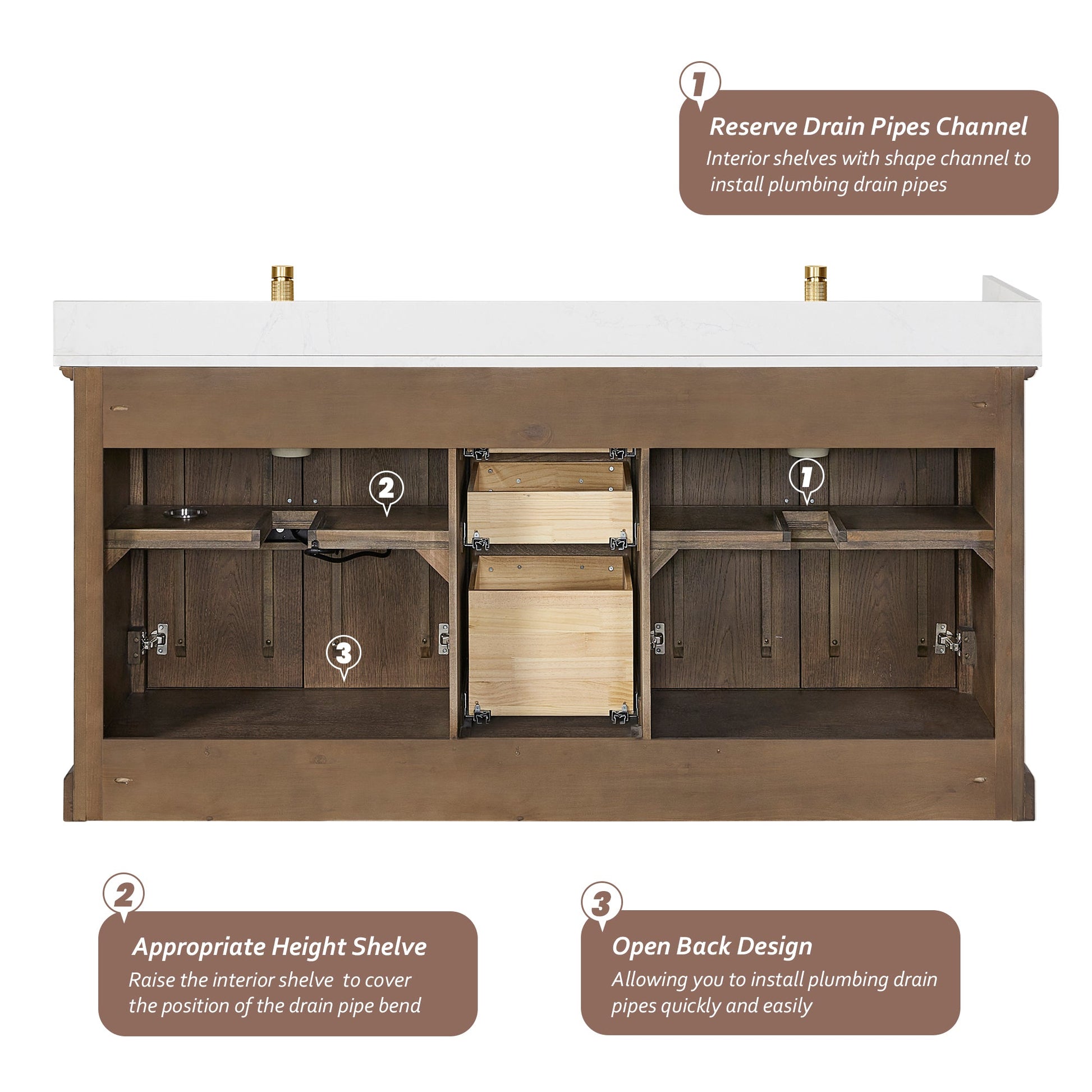 Tokyo 72" Freestanding Double Bath Vanity in Aged Dark Brown Oak with Silk White Quartz Stone Top