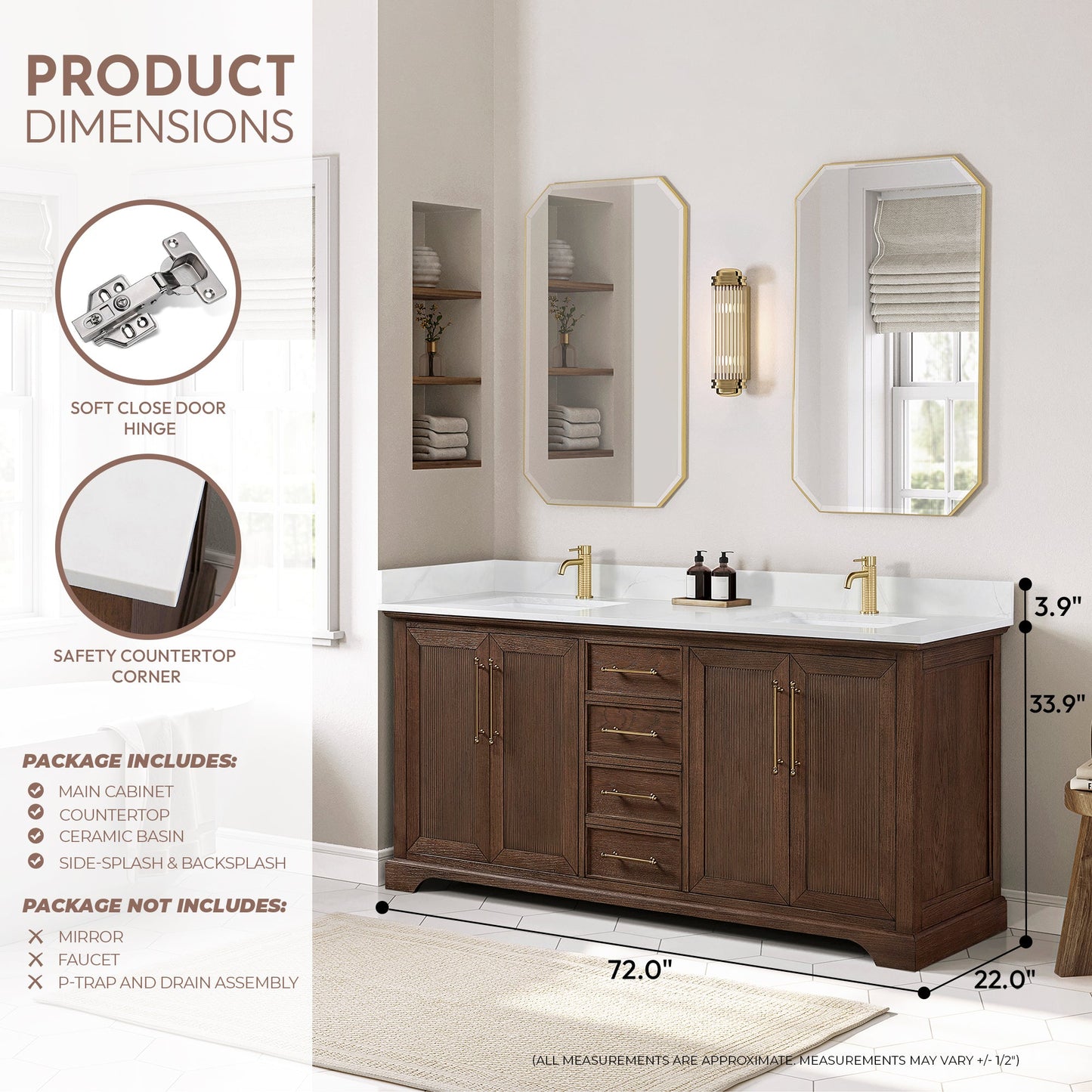 Tokyo 72" Freestanding Double Bath Vanity in Aged Dark Brown Oak with Silk White Quartz Stone Top