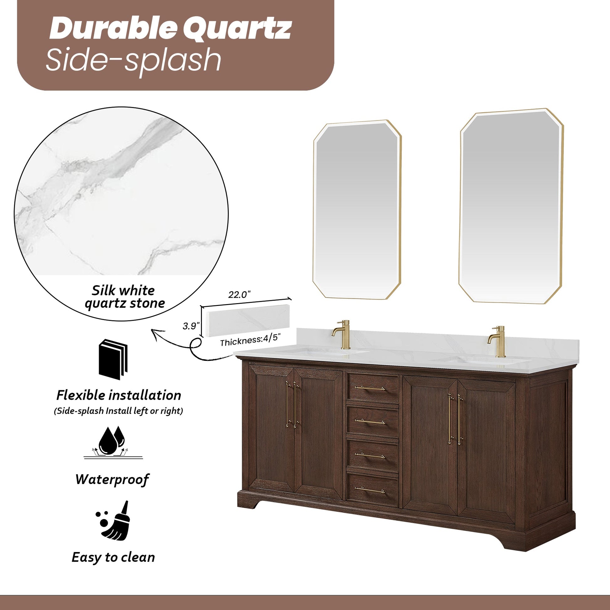 Tokyo 72" Freestanding Double Bath Vanity in Aged Dark Brown Oak with Silk White Quartz Stone Top