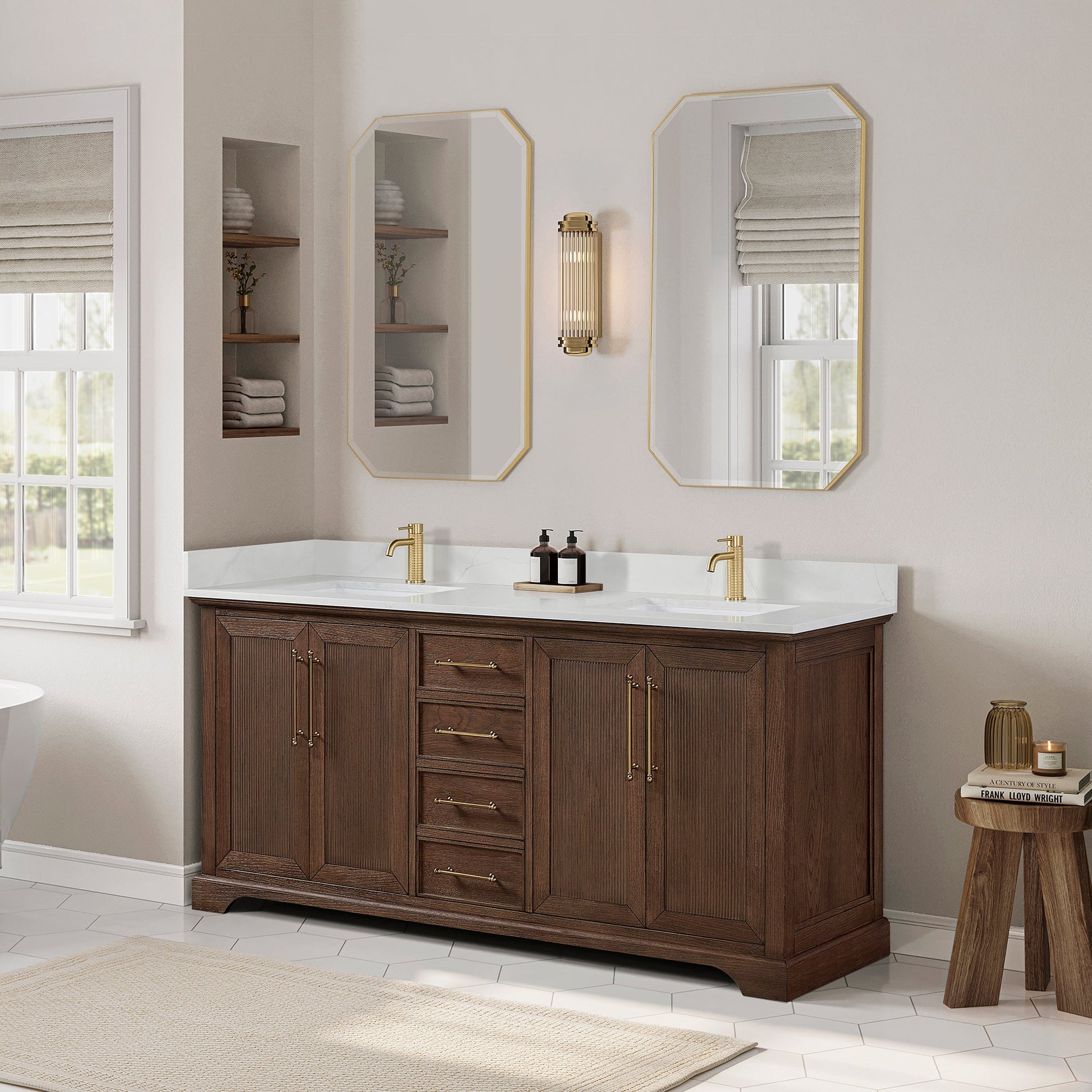 Tokyo 72" Freestanding Double Bath Vanity in Aged Dark Brown Oak with Silk White Quartz Stone Top