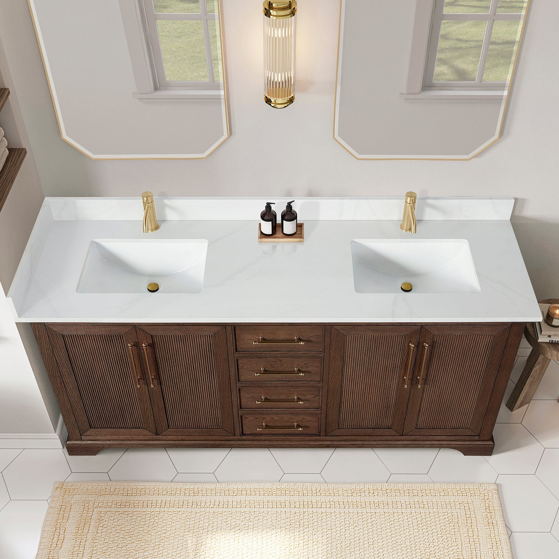 Tokyo 72" Freestanding Double Bath Vanity in Aged Dark Brown Oak with Silk White Quartz Stone Top