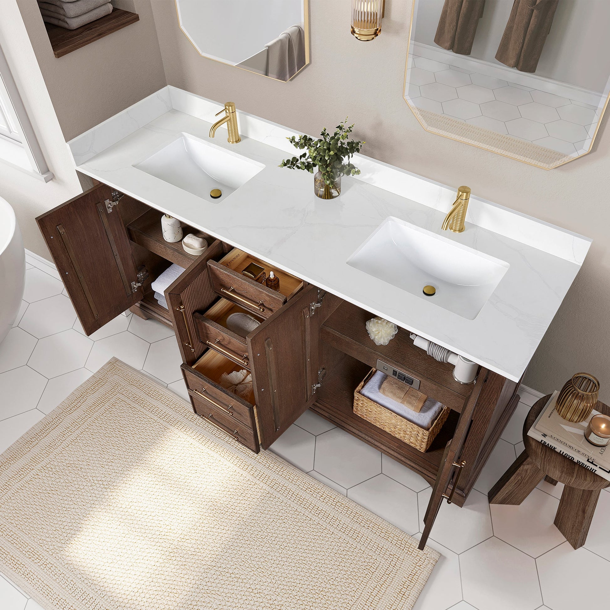 Tokyo 72" Freestanding Double Bath Vanity in Aged Dark Brown Oak with Silk White Quartz Stone Top