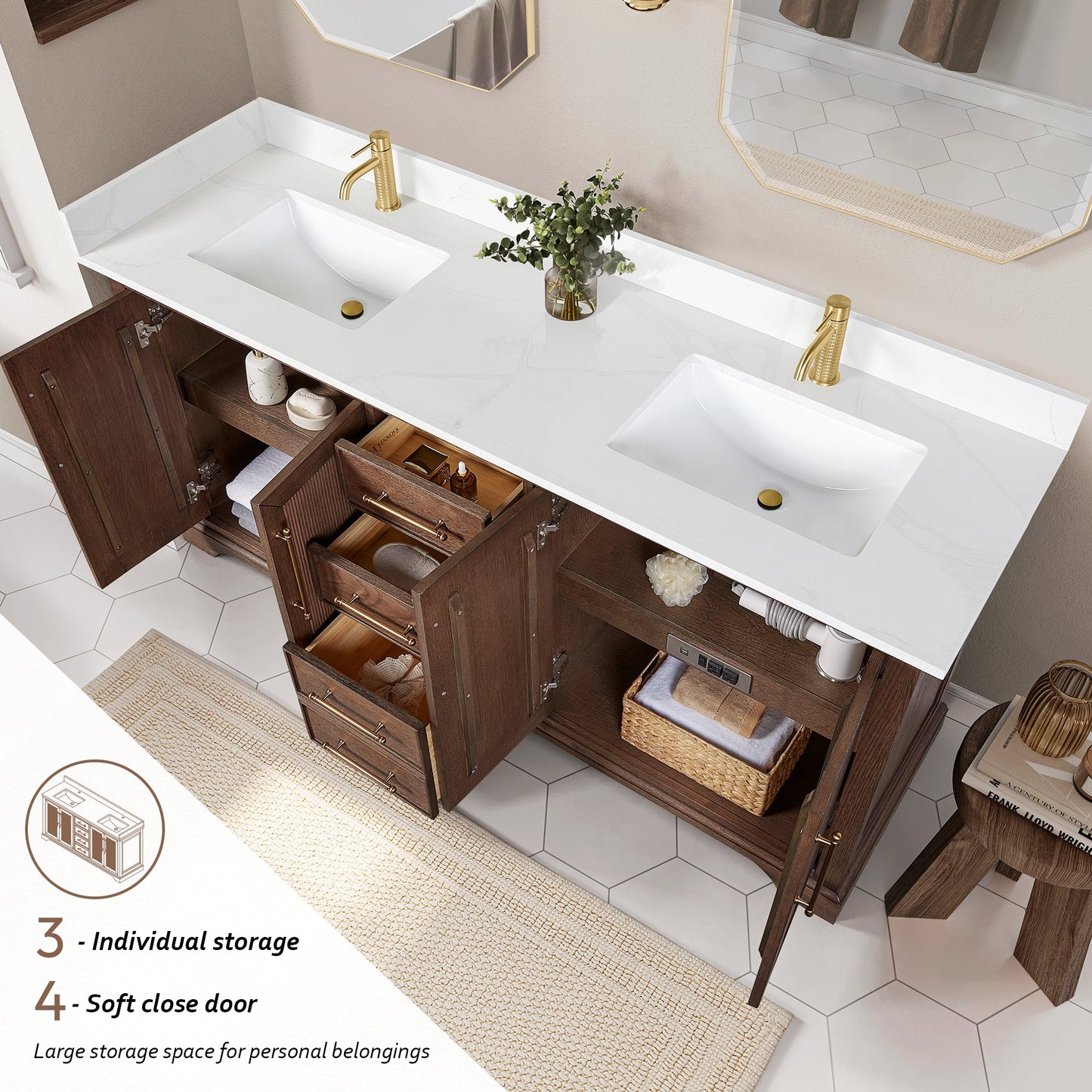 Tokyo 72" Freestanding Double Bath Vanity in Aged Dark Brown Oak with Silk White Quartz Stone Top
